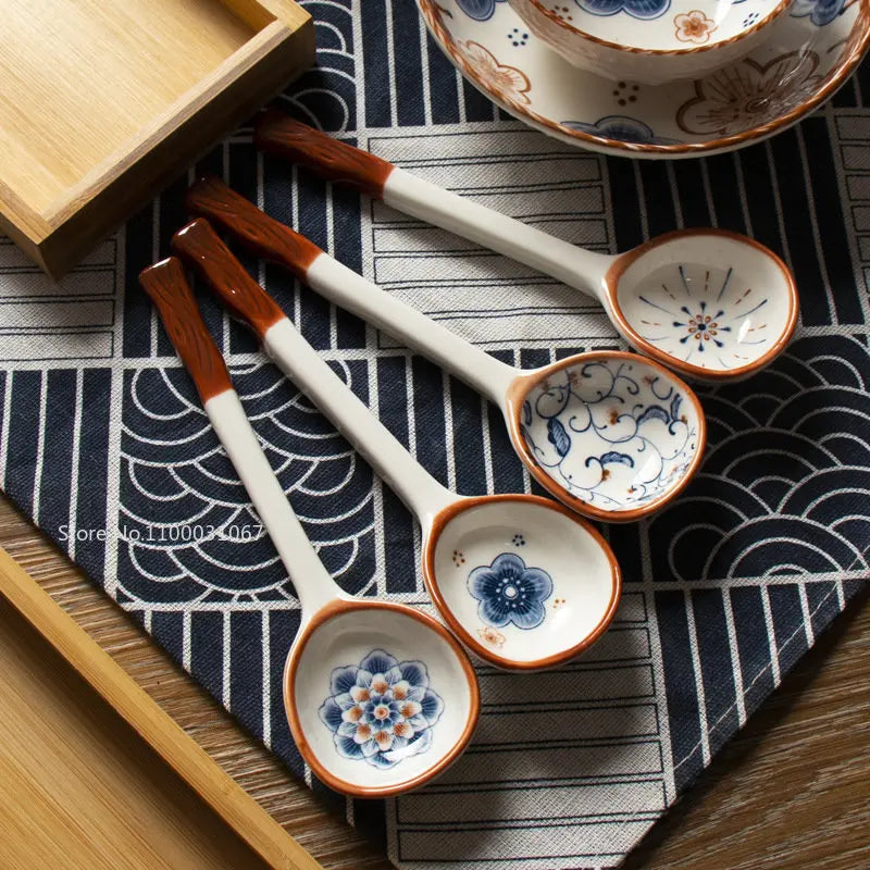Japanese Vine Ceramic Spoon Set - Ins Wind Hand-painted Long Handle Dessert Spoons