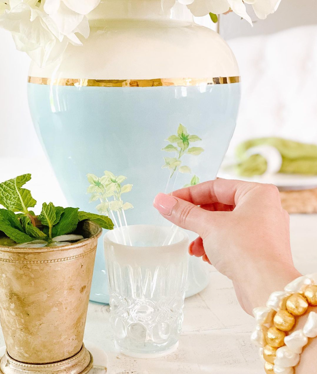 Robin's Egg Blue Color Block Ginger Jar with Gold Accent