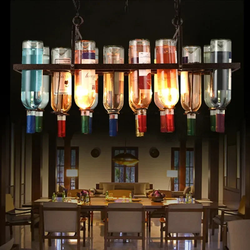 Industrial Metal Wine Bottle Chandelier for Coffee Shop Bar LED Decor