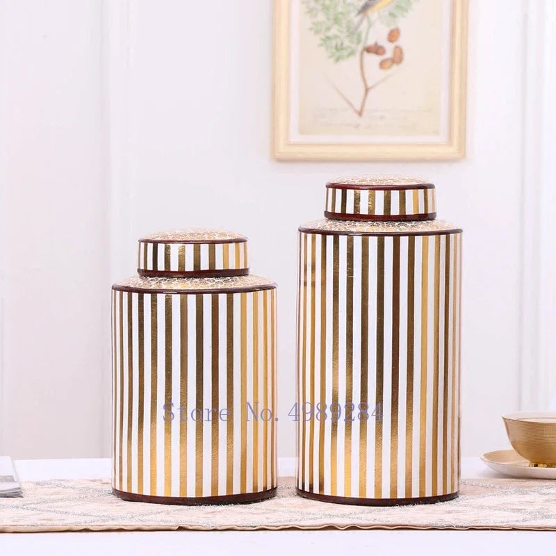 Golden Stripe Ceramics Vase with Cover, Modern Storage Jar for Home Decor
