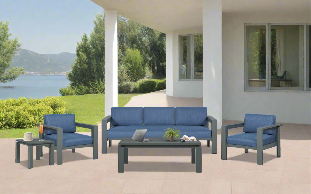 Sardinia Aluminum Frame Outdoor Sofa Set - Blue Cushions