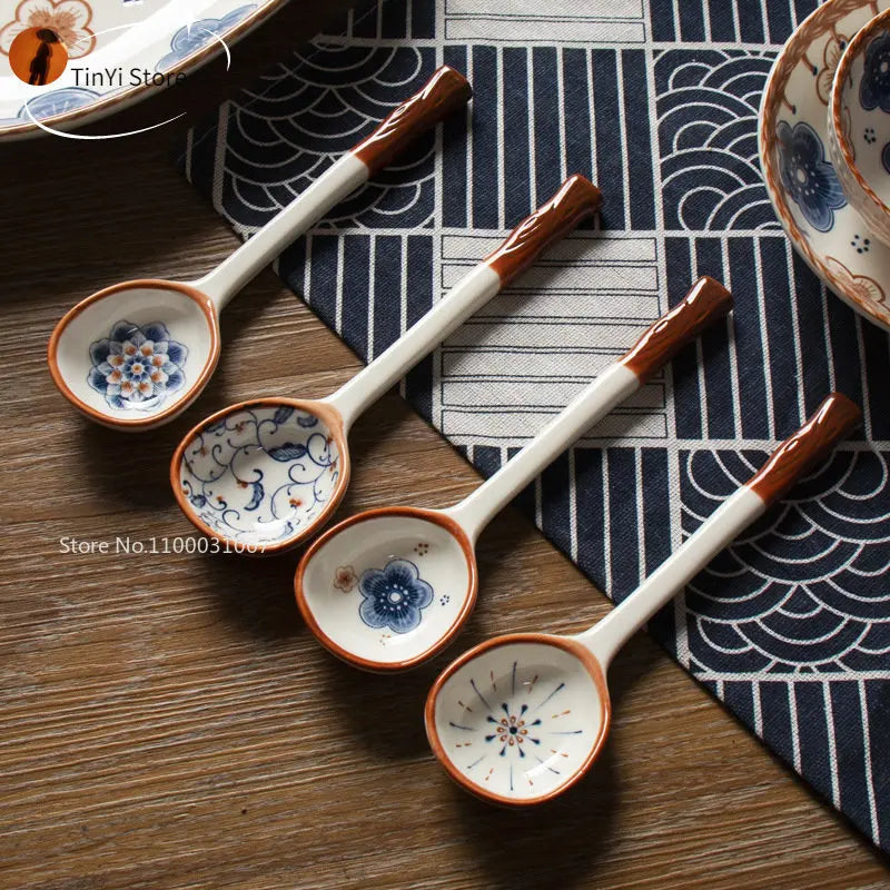 Japanese Vine Ceramic Spoon Set - Ins Wind Hand-painted Long Handle Dessert Spoons