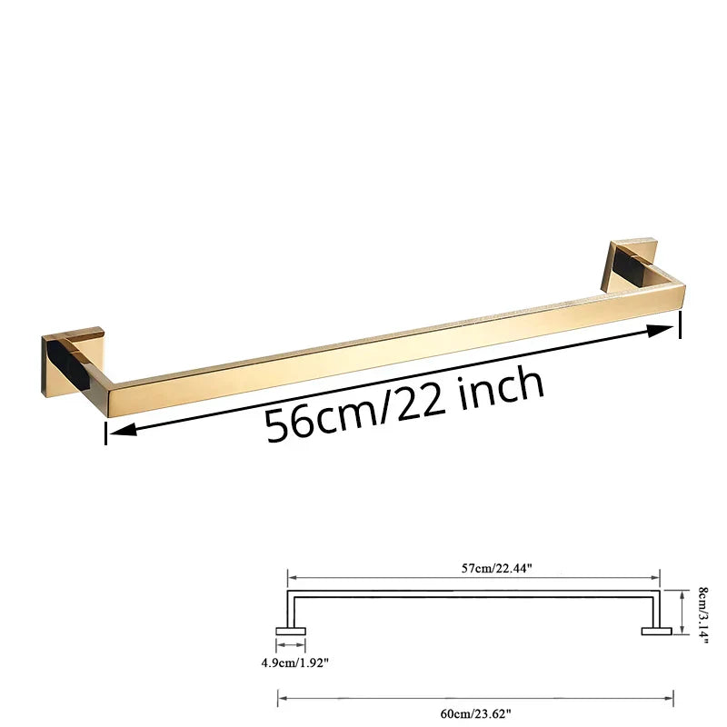 Gold Bathroom Hardware Set: Hook, Towel Rail, Bar, Shelf, Tissue Holder & More