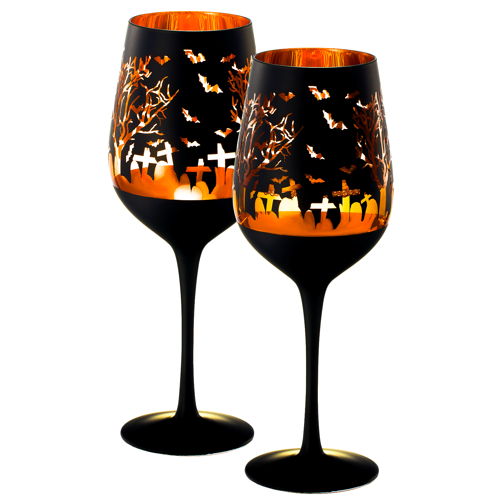 Crystal Halloween Stemmed Wine Glasses Set Of 2 Themed Vibrant Black Gold Etched Spooky Graveyard Pa
