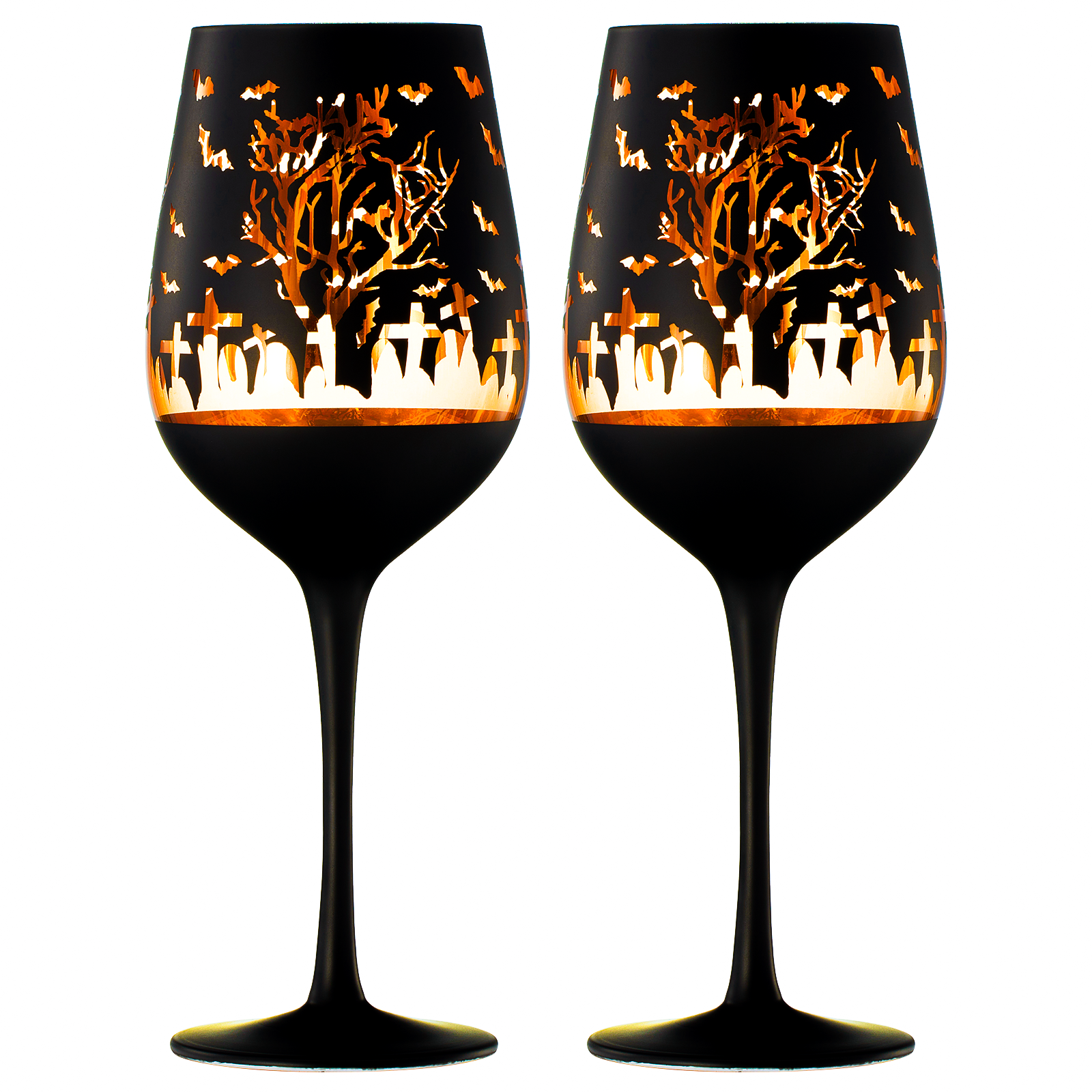 Crystal Halloween Stemmed Wine Glasses Set Of 2 Themed Vibrant Black Gold Etched Spooky Graveyard Pa