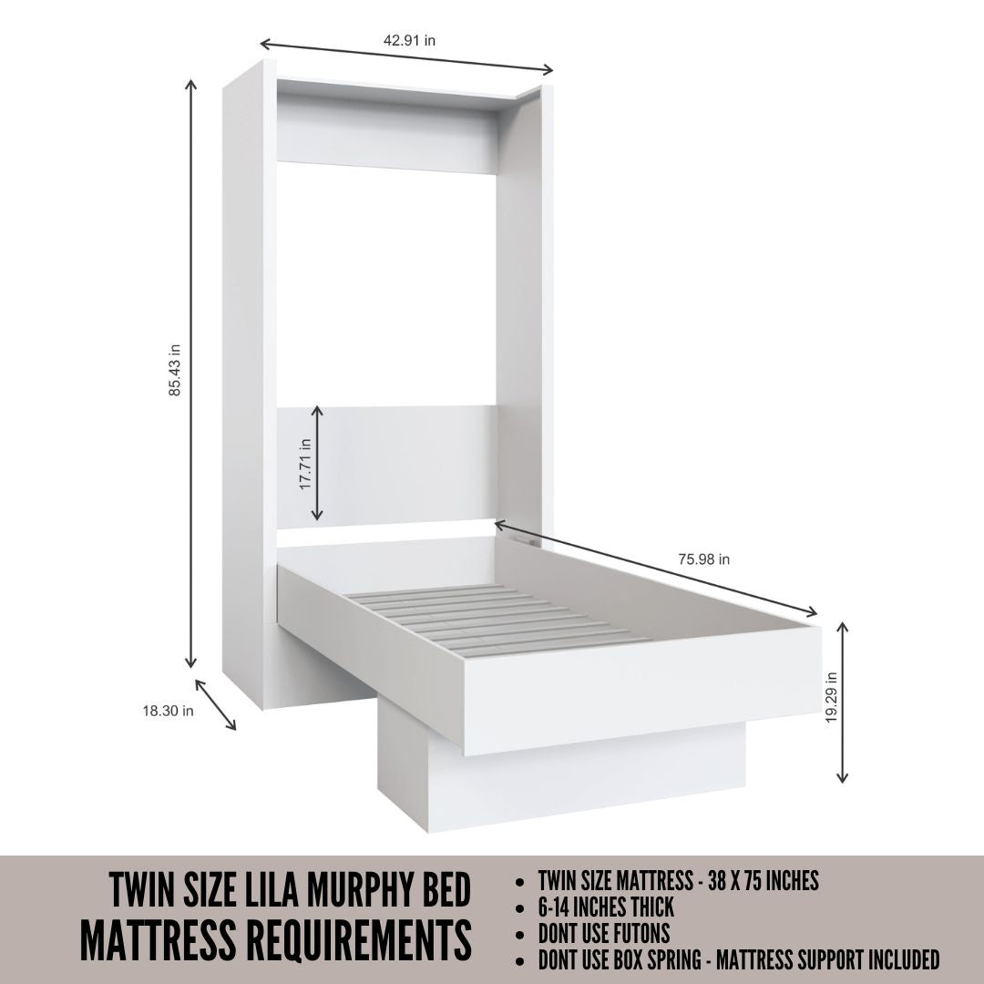 Easy-Lift Twin Murphy Wall Bed in White with Shelf
