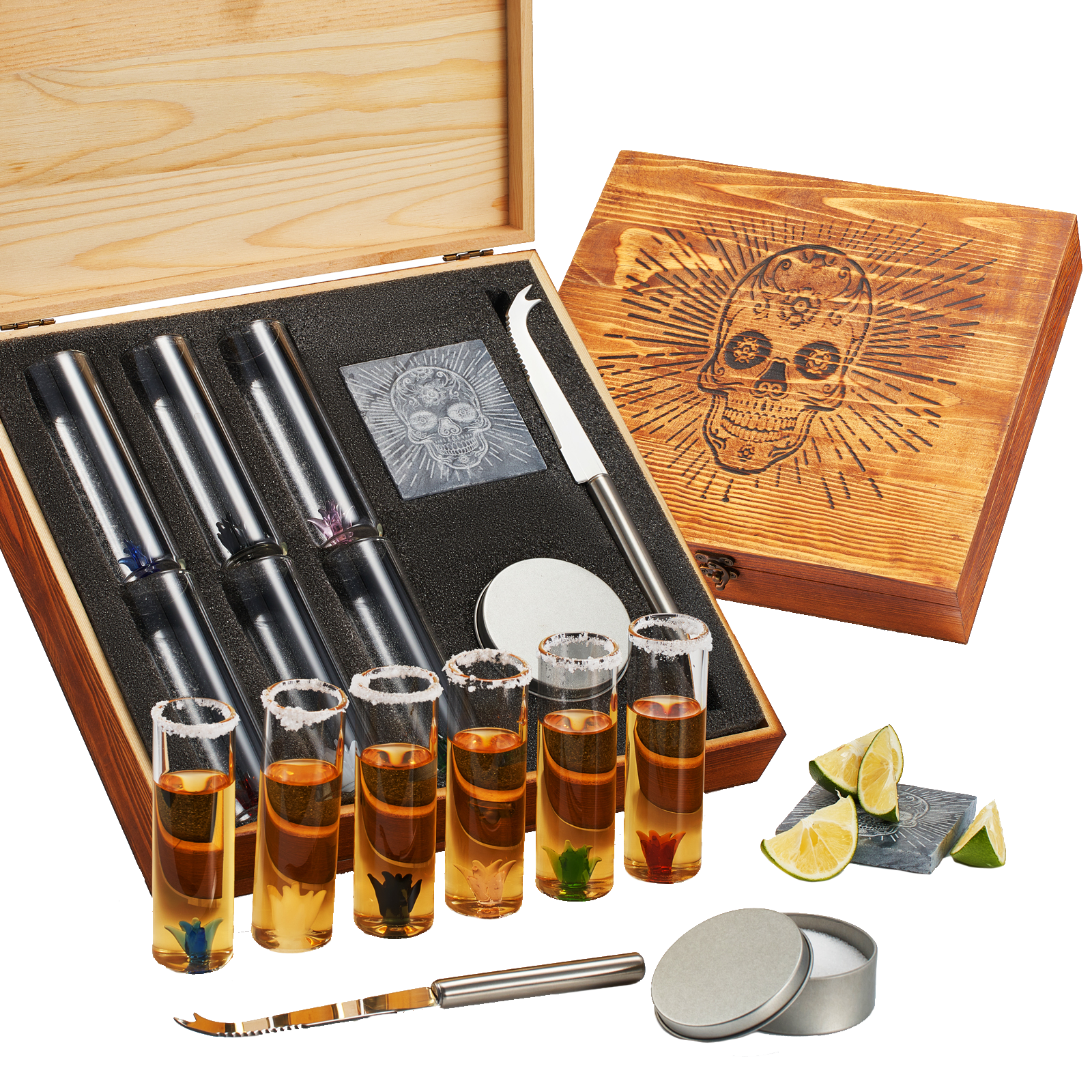 Tequila Shot Glass Salt Gift Set For Men Women Six Agave Shot Glasses Knife For Limes One Skull Coas