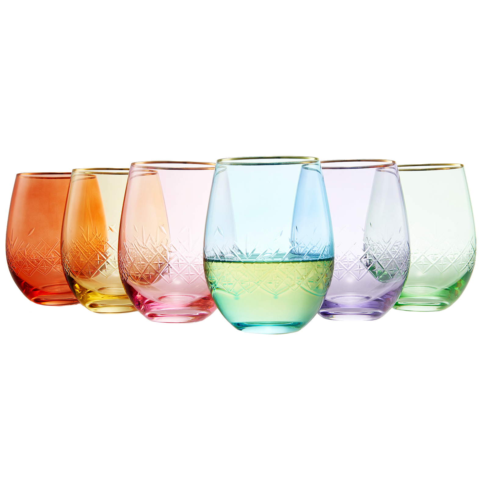 Art Deco Colored Crystal Wine Glass Set Of 6 Large 15 Oz Stemless Glasses Vibrant Vintage Glasses Fo