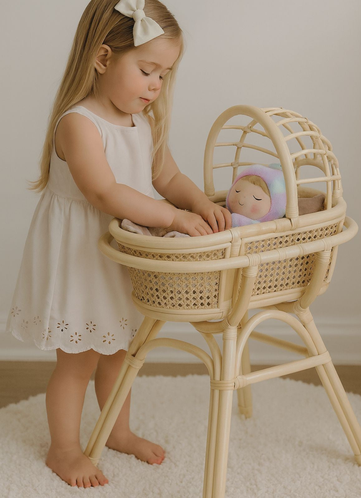 Lullaby Rattan Doll Bassinet with Stand – Handwoven Toy Cradle for Pretend Play