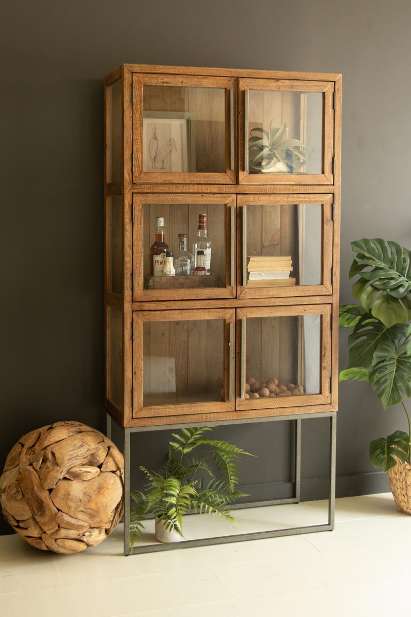 Framed Glass Door Wood and Metal Display Cabinet