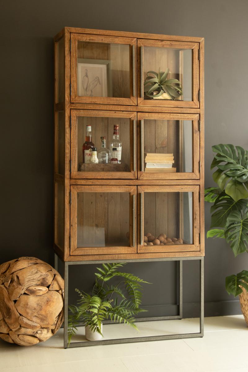 Framed Glass Door Wood and Metal Display Cabinet