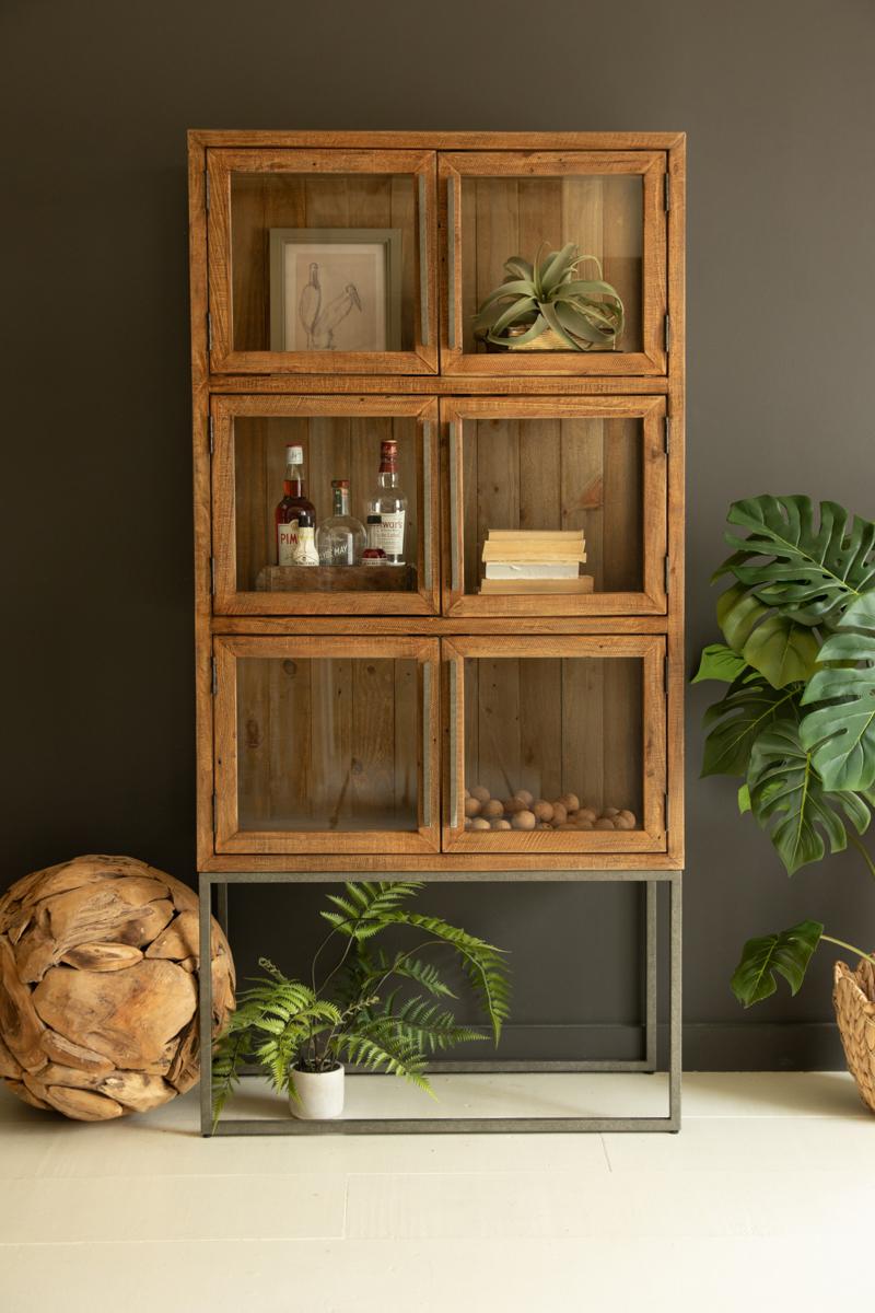 Framed Glass Door Wood and Metal Display Cabinet