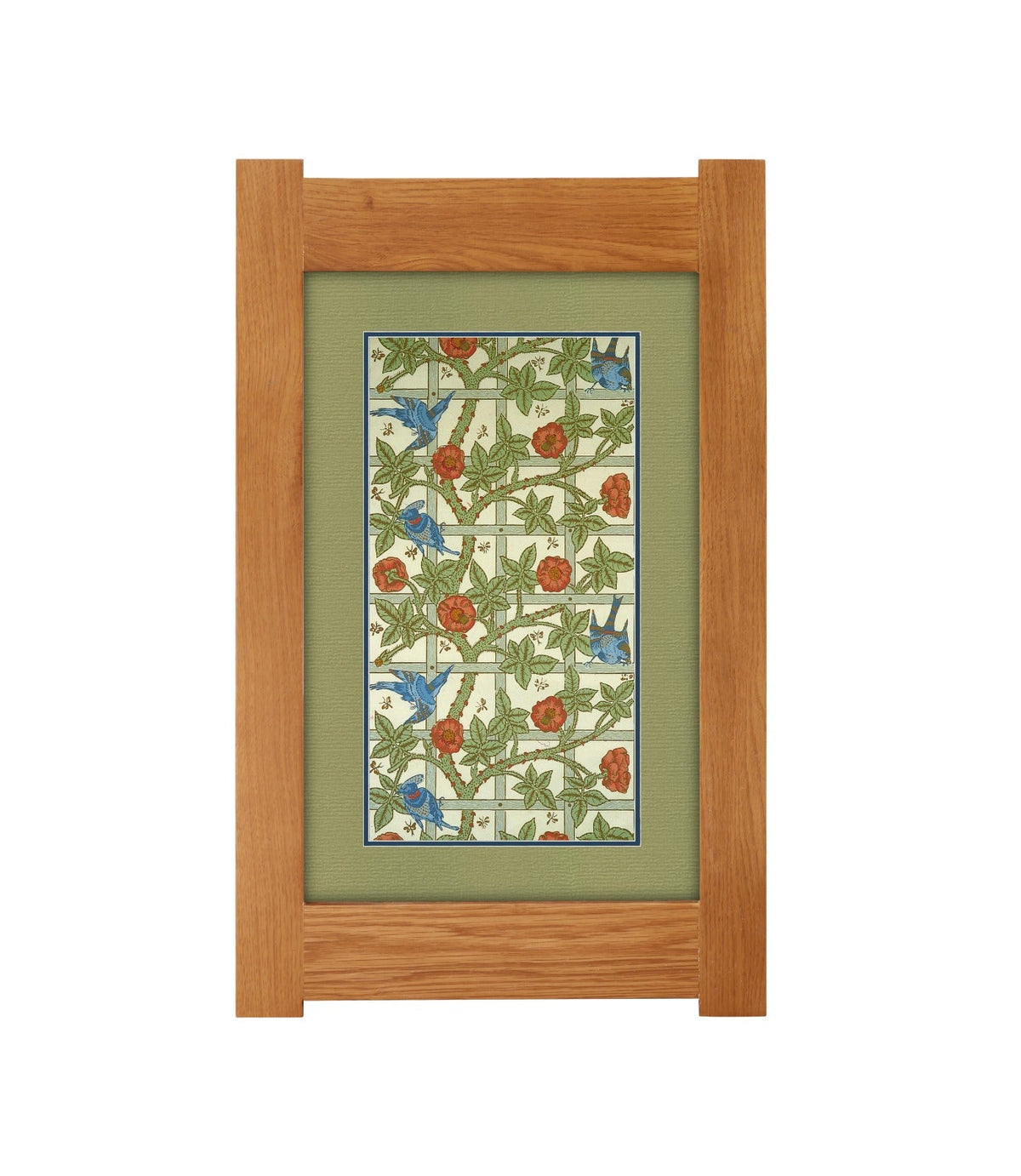 Arts & Crafts Mission Oak Framed Art with Blue Birds Amongst Roses