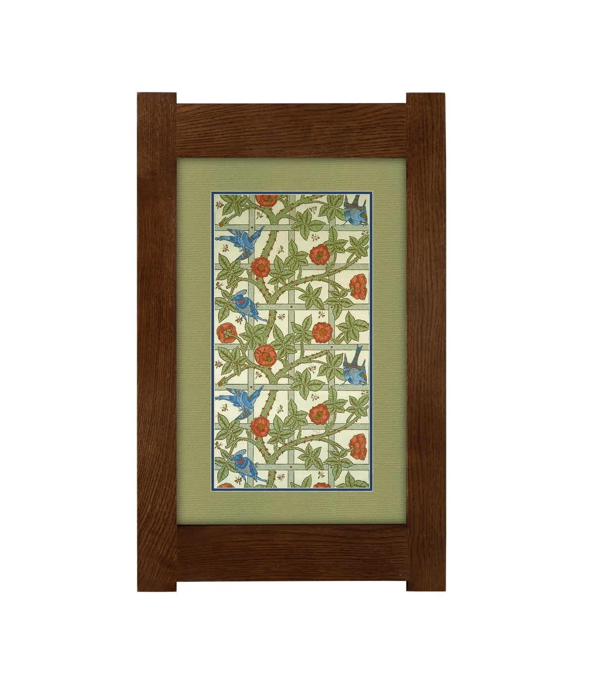 Arts & Crafts Mission Oak Framed Art with Blue Birds Amongst Roses
