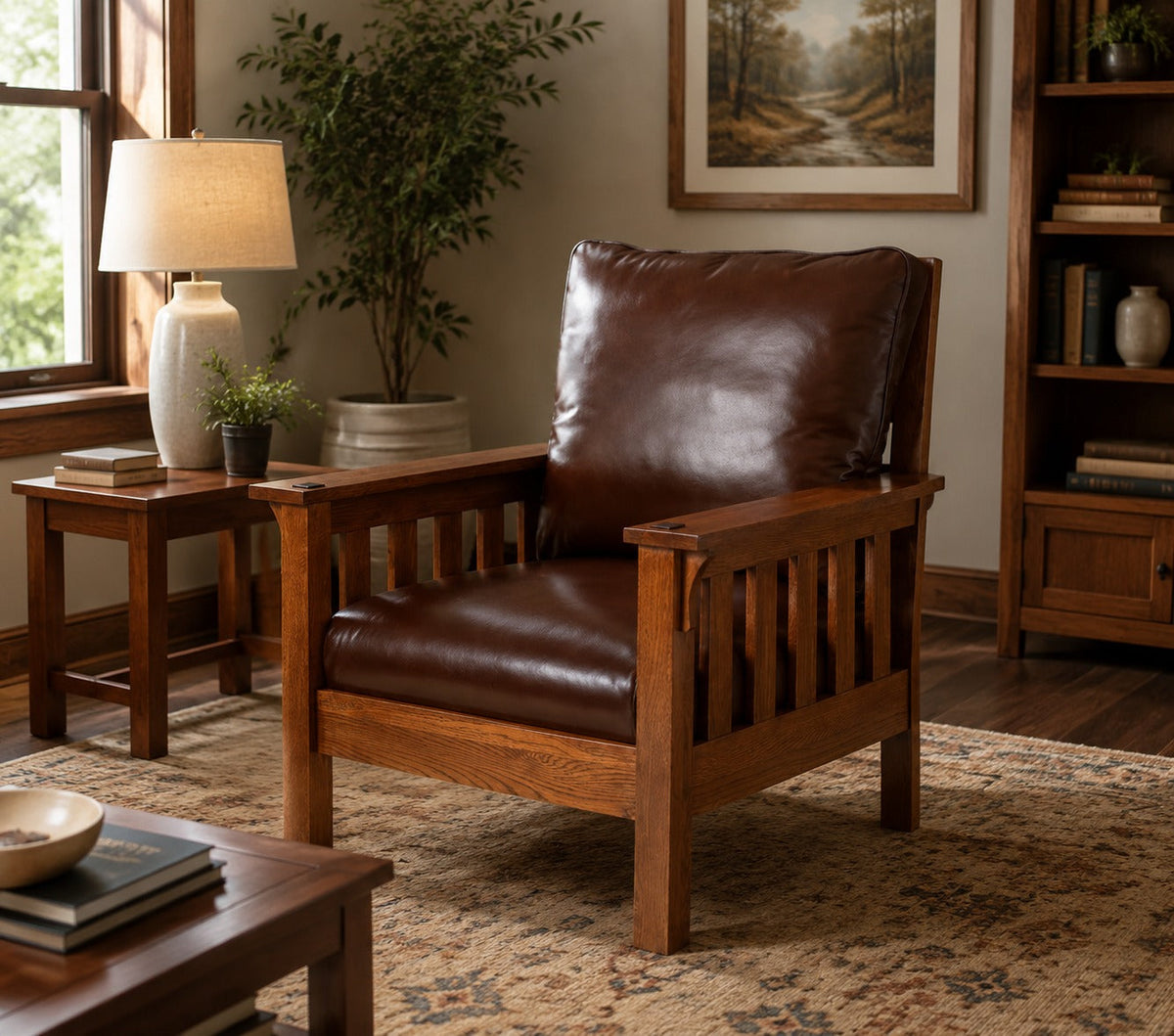 Craftsman / Mission Leather and Oak Armchair - Chestnut