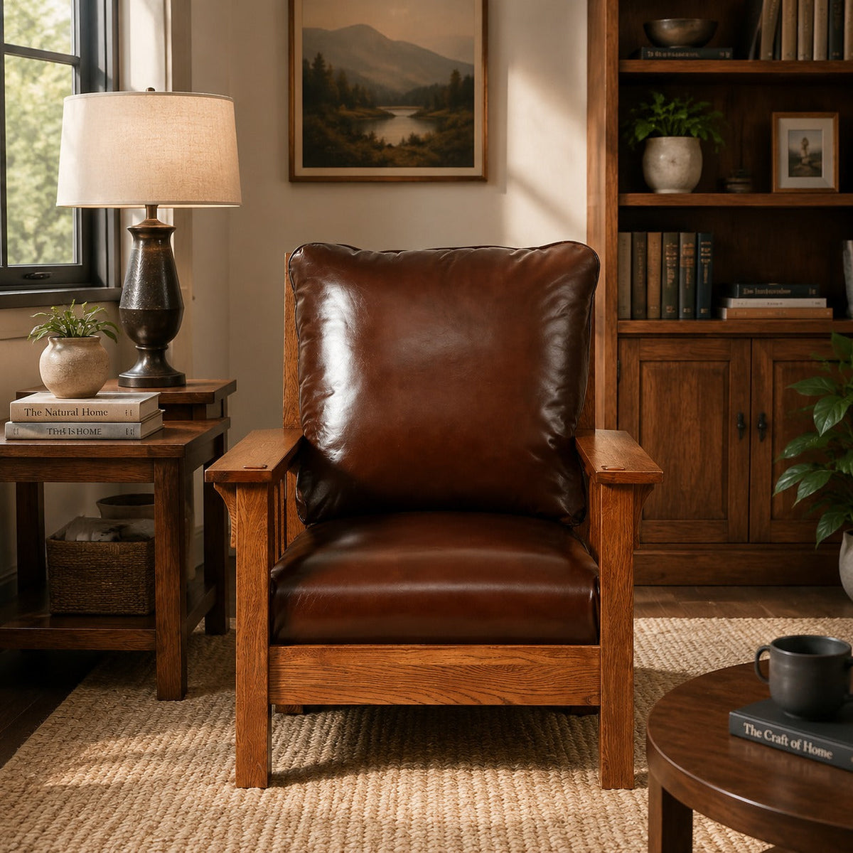Craftsman / Mission Leather and Oak Armchair - Chestnut