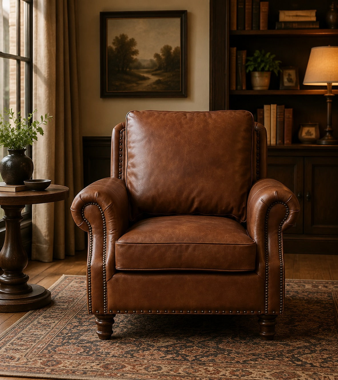 English Rolled Arm - Arm Chair - Bark Brown Leather