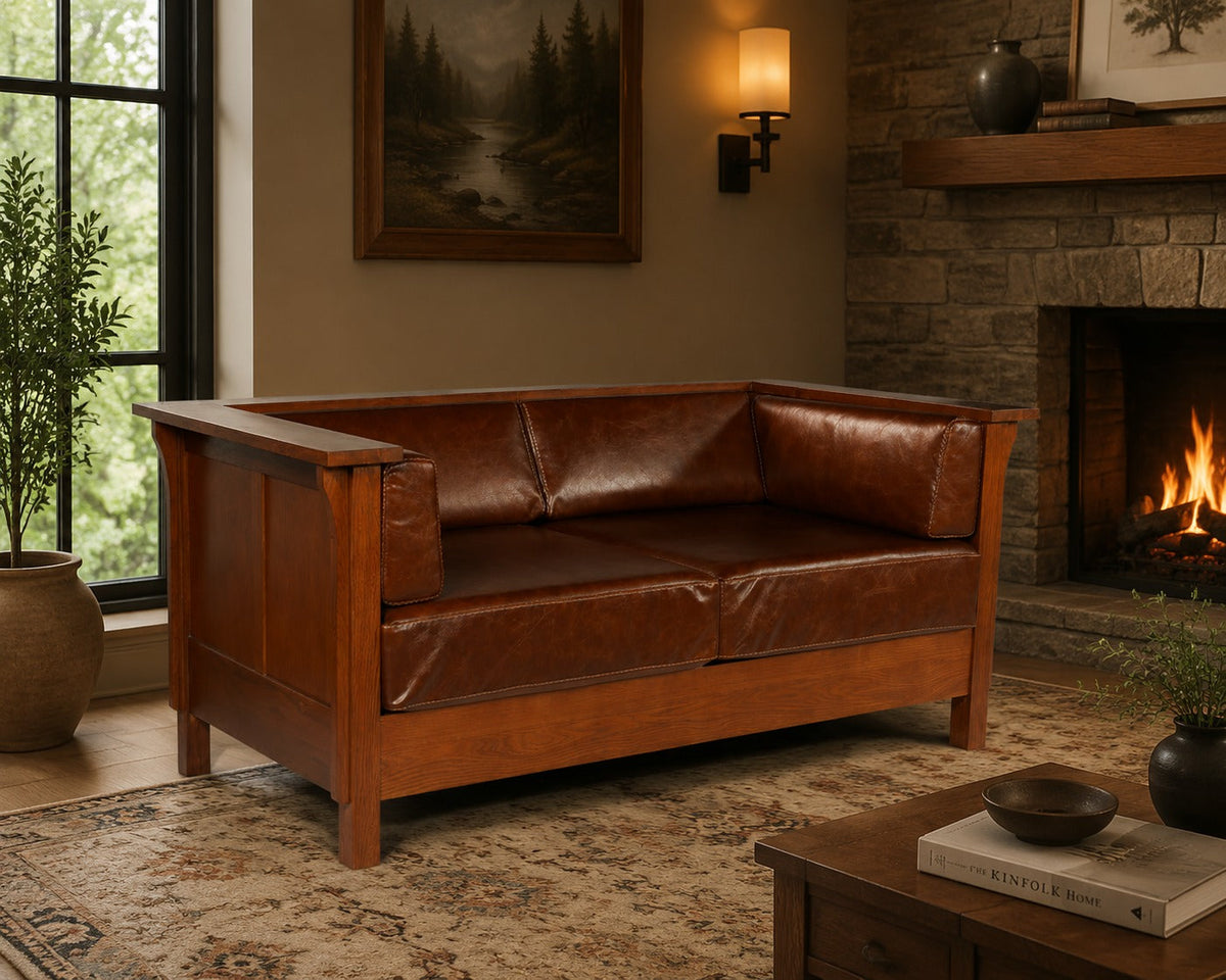 Craftsman Cubic Panel Side Love Seat - Chestnut Brown Leather