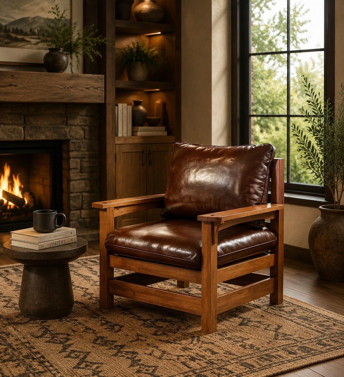 Mission Leather and Oak Armchair / Living Room chair - Chestnut