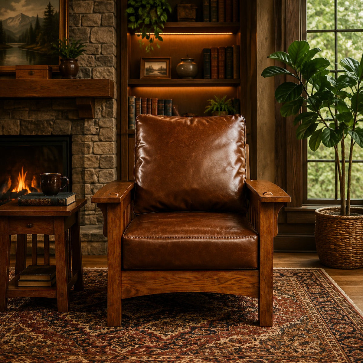 Craftsman / Mission Leather and Oak Armchair - Chestnut