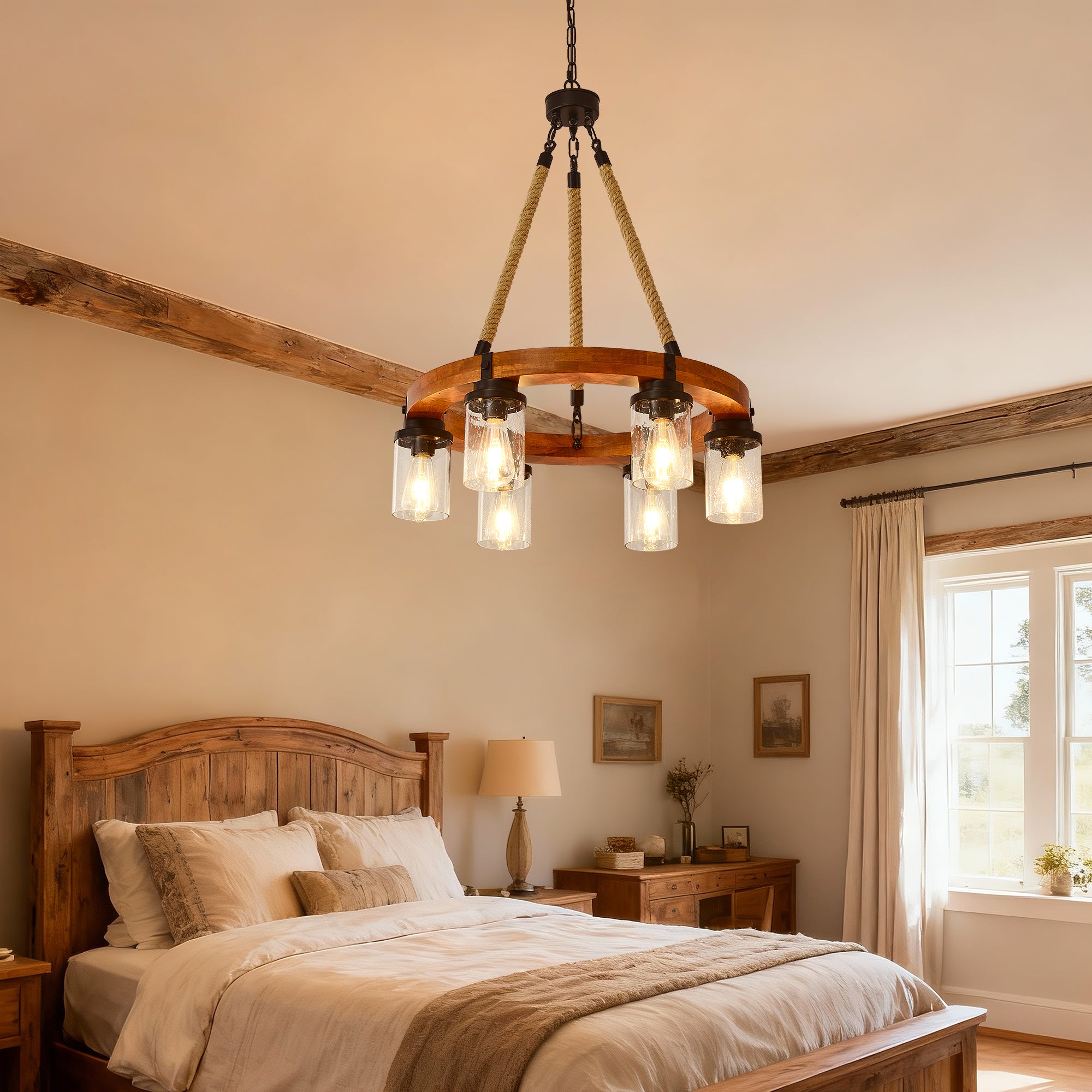 Rustic 6-Light Wagon Wheel Chandelier, Farmhouse Chandeliers
