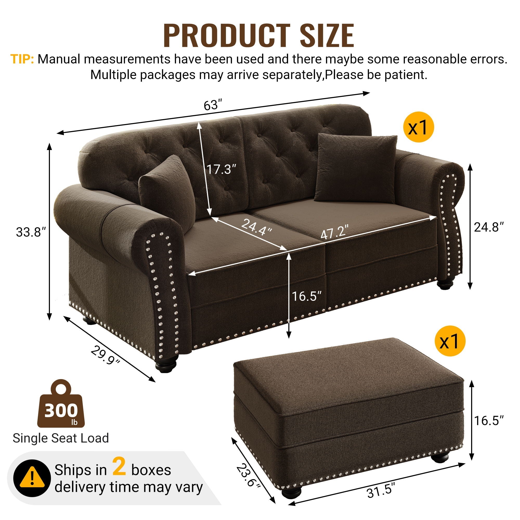 Upholstered Sofa Set With Nailhead Trim And Rolled Armrests, Includes Pillows