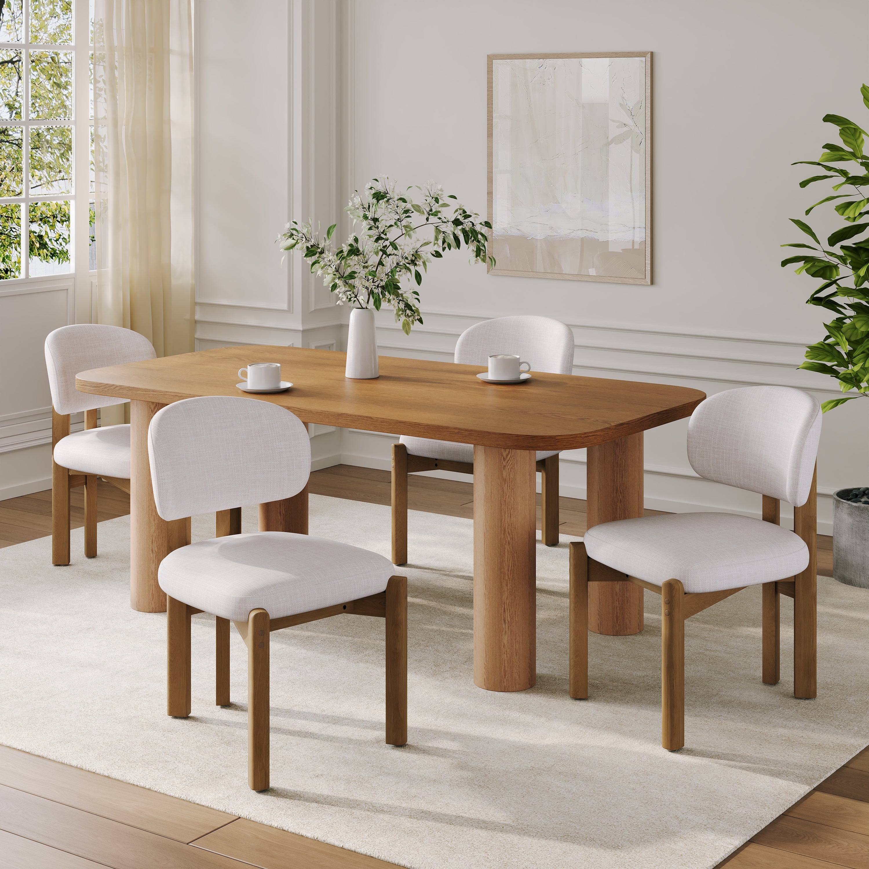 Beige Upholstered Mid-Century Dining Chair