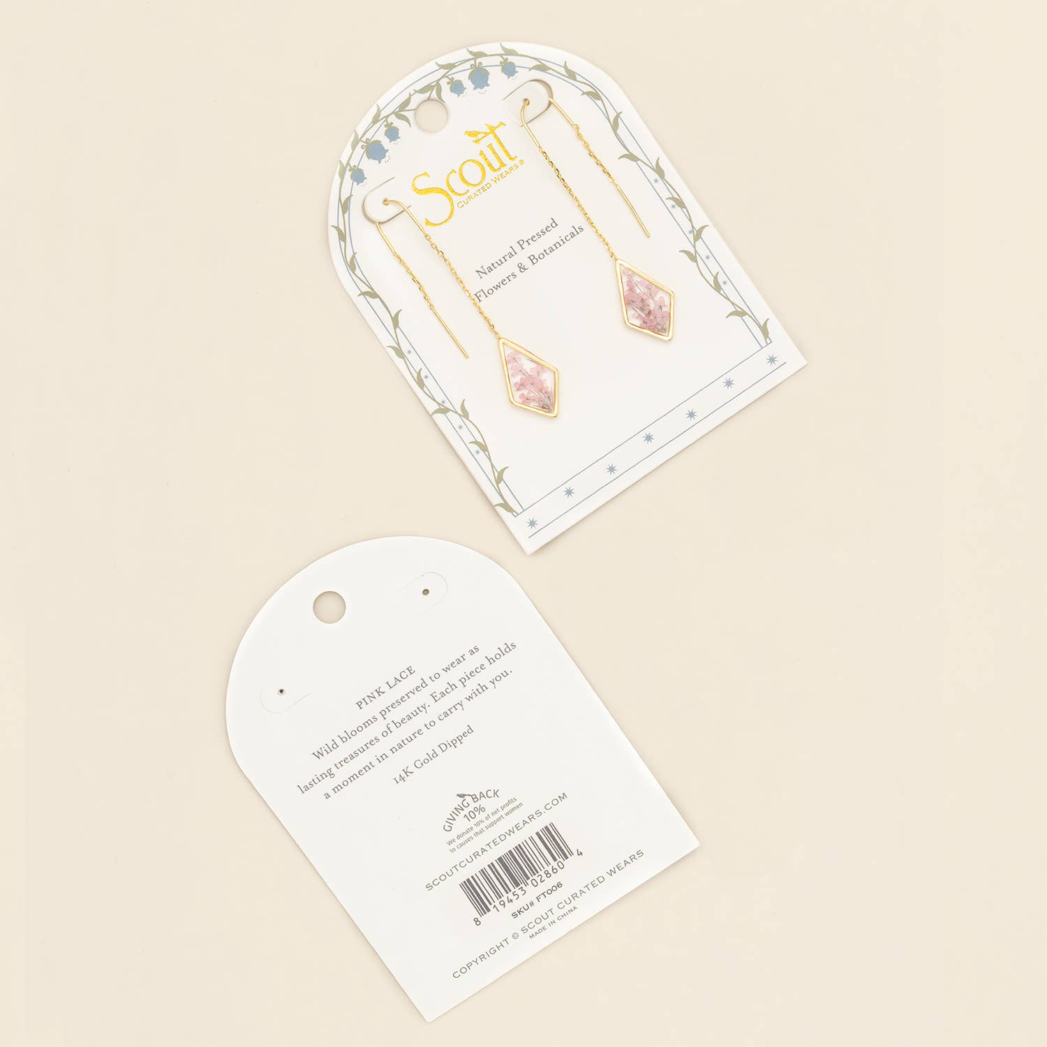 Pressed Flower Thread Earring - Pink Lace Flower/Gold