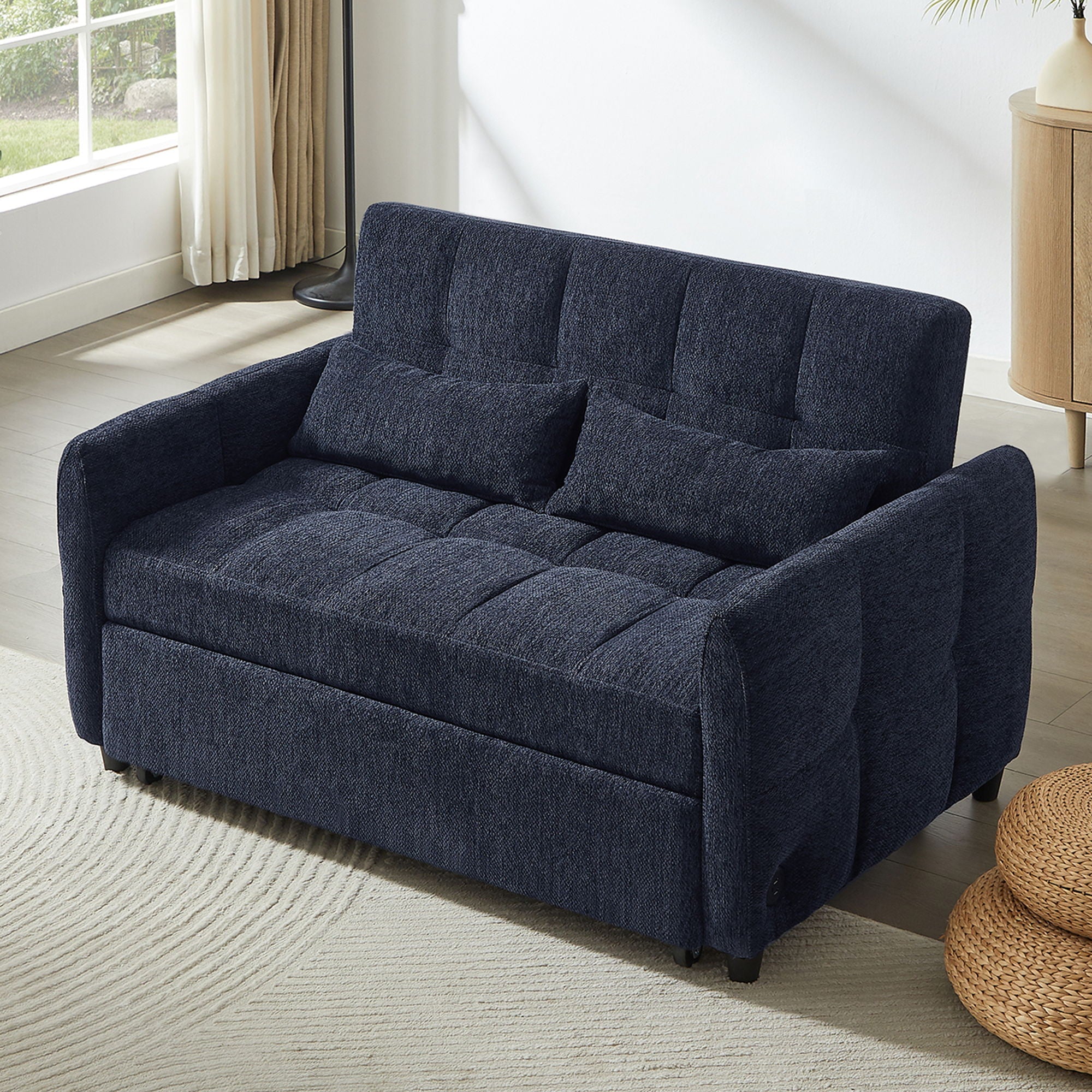 Loveseat Sofa Pull-Out Bed With Adjustable Backrest, 3 USB Ports And 2 Lumbar Pillows For Living Room