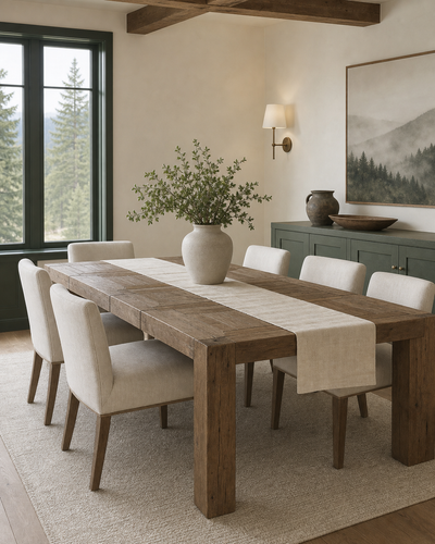 Alden Reclaimed Oak Dining Table styled in a refined cream and green dining room