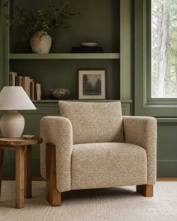 Amber Oak Accent Chair styled in a refined cream and green reading corner