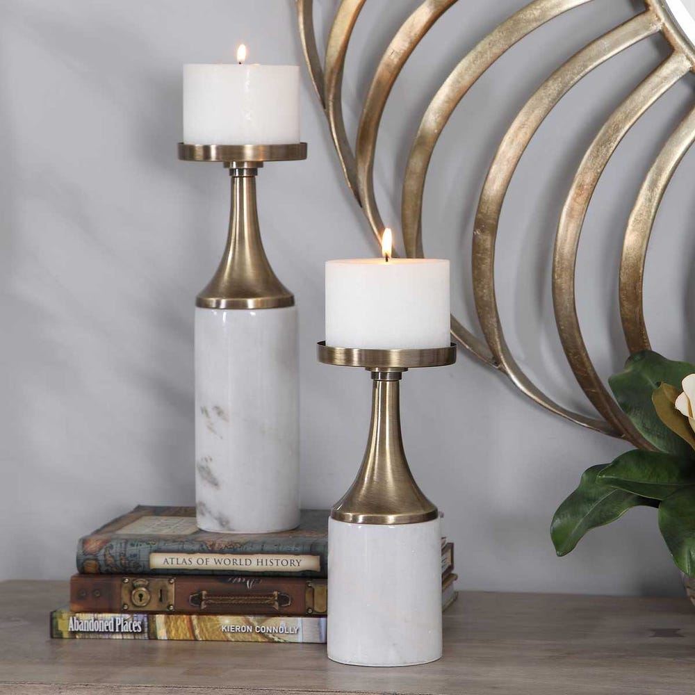 Brass and White Marble Candleholders