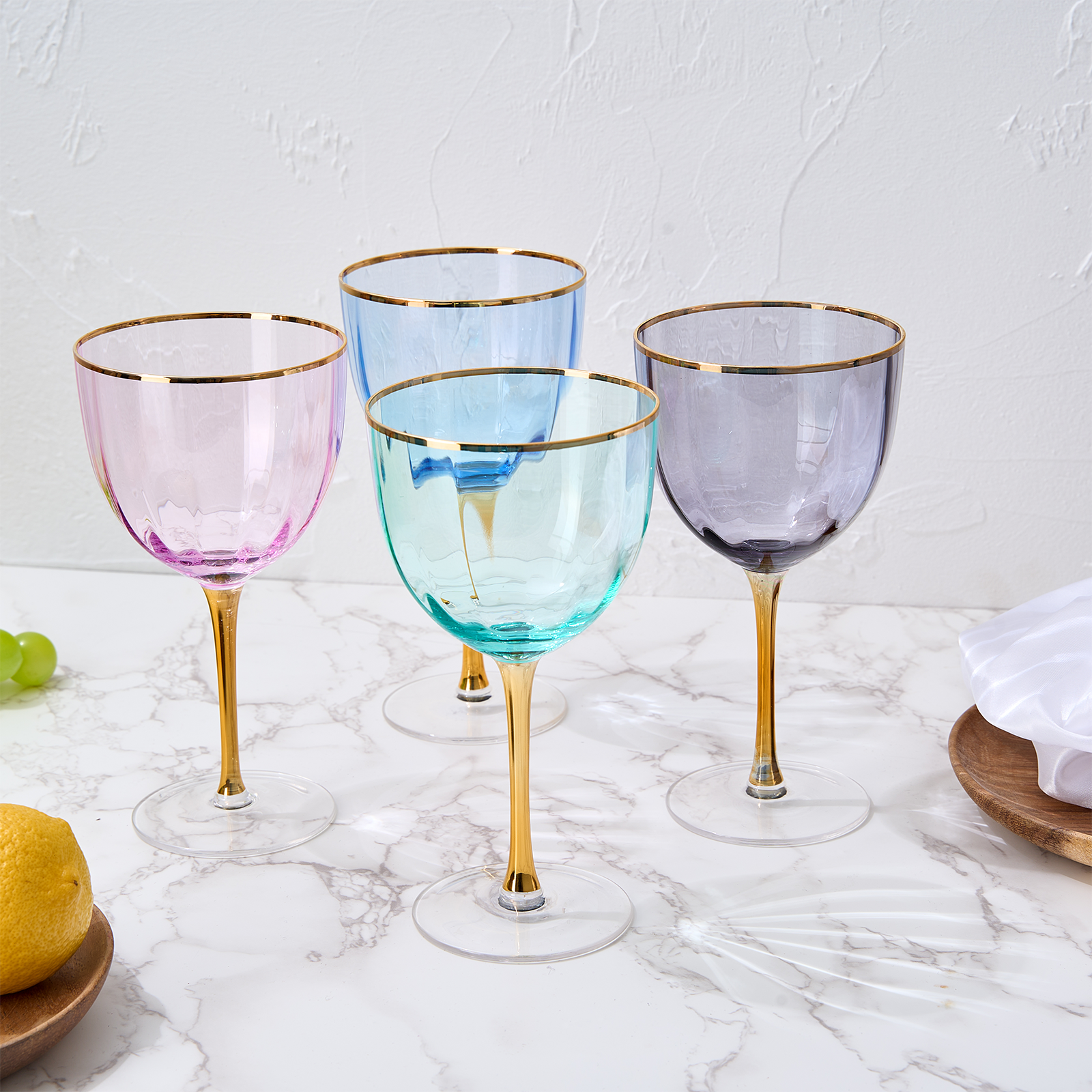 Art Deco Colored Crystal Wine Glass Set Of 4 Large 18OZ Stemmed Glasses Vibrant Vintage Glasses For