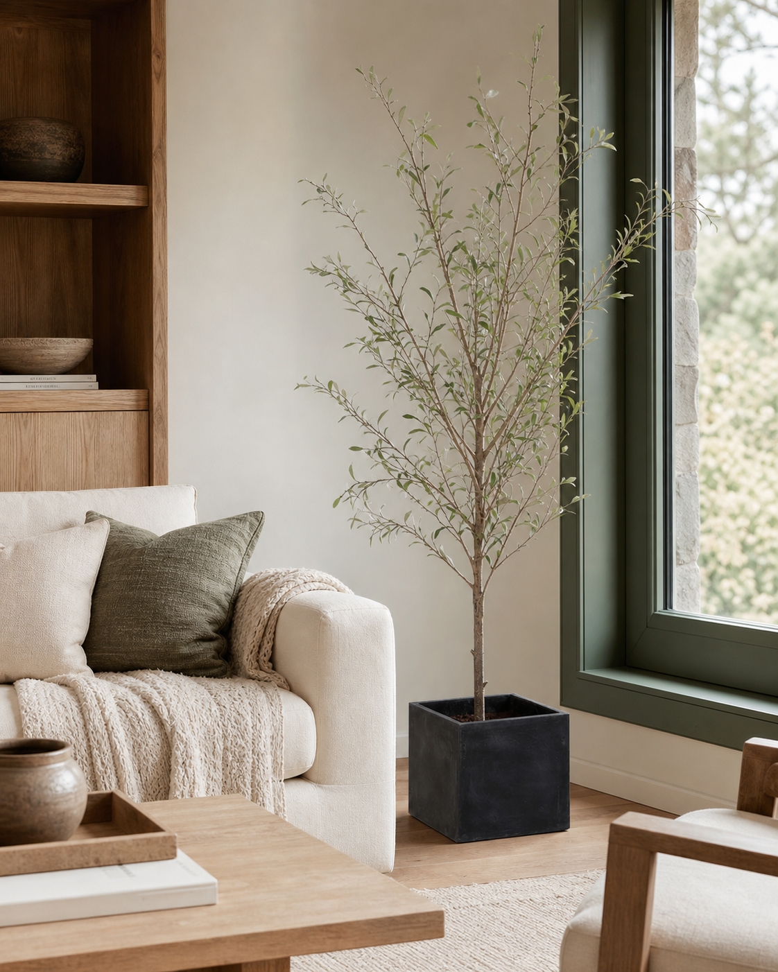 Arden Potted Olive Tree styled in a refined cream and green living room