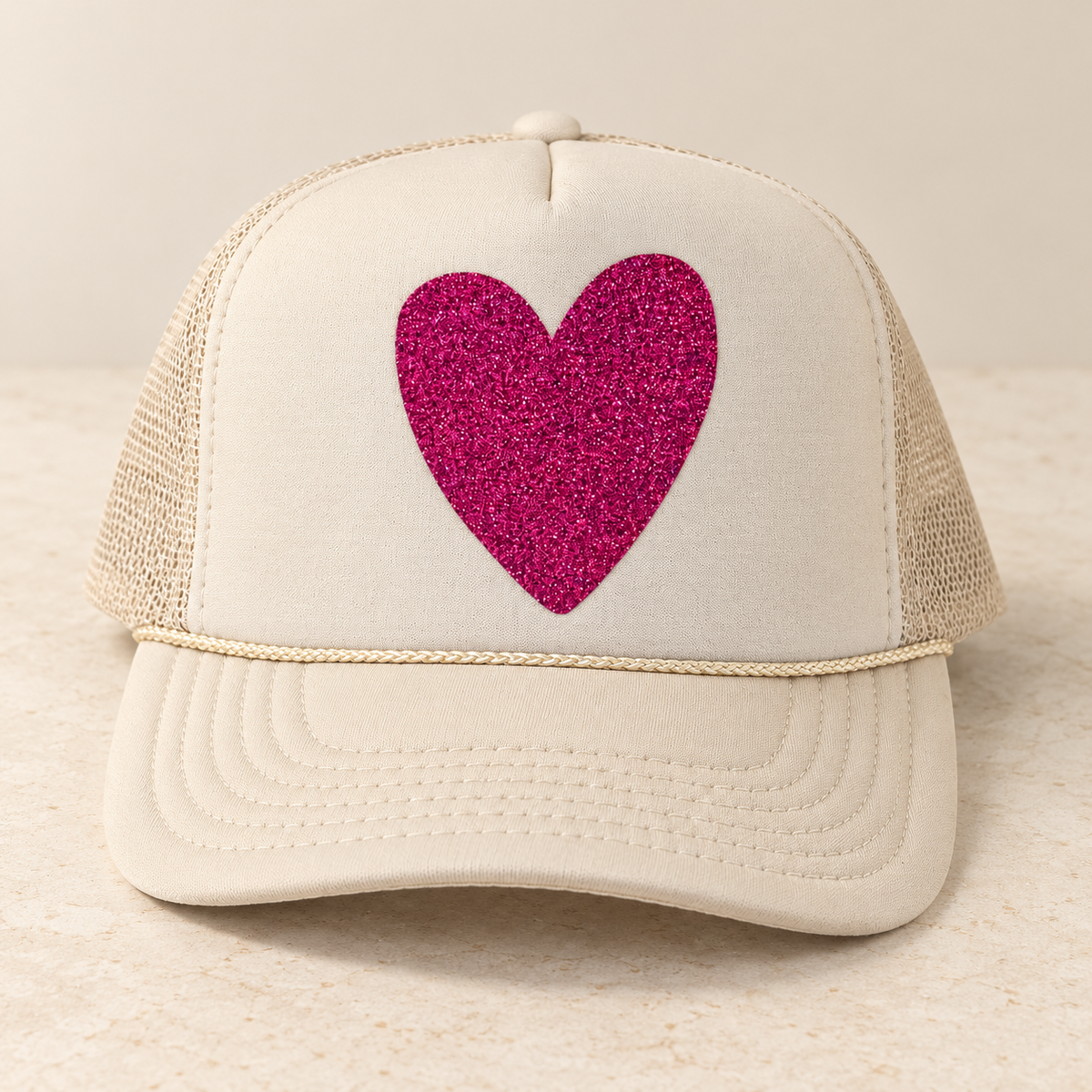 HEART tan with glitter hot pink — studio product photo