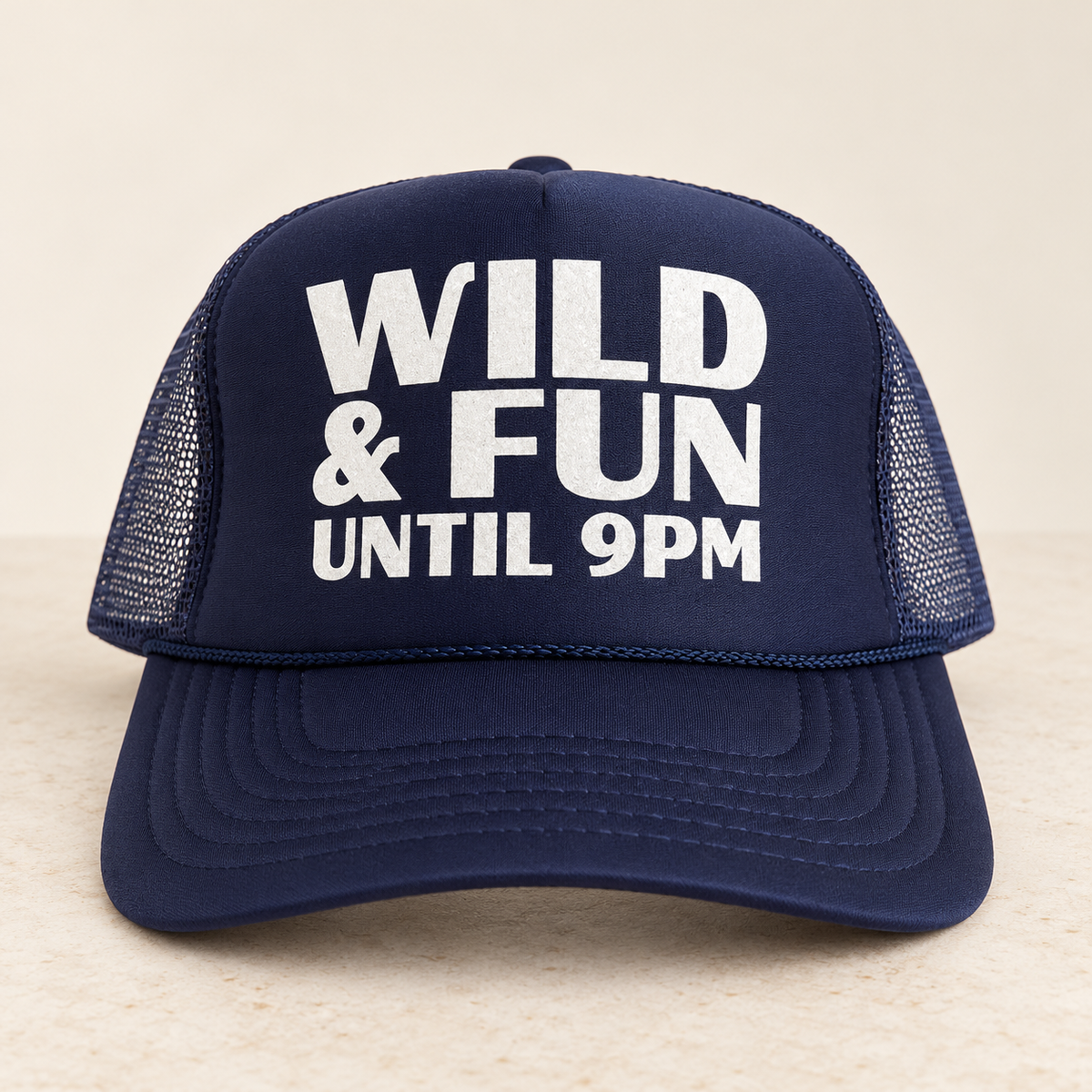 Midlifers WILD + FUN until 9pm navy trucker — studio product photo