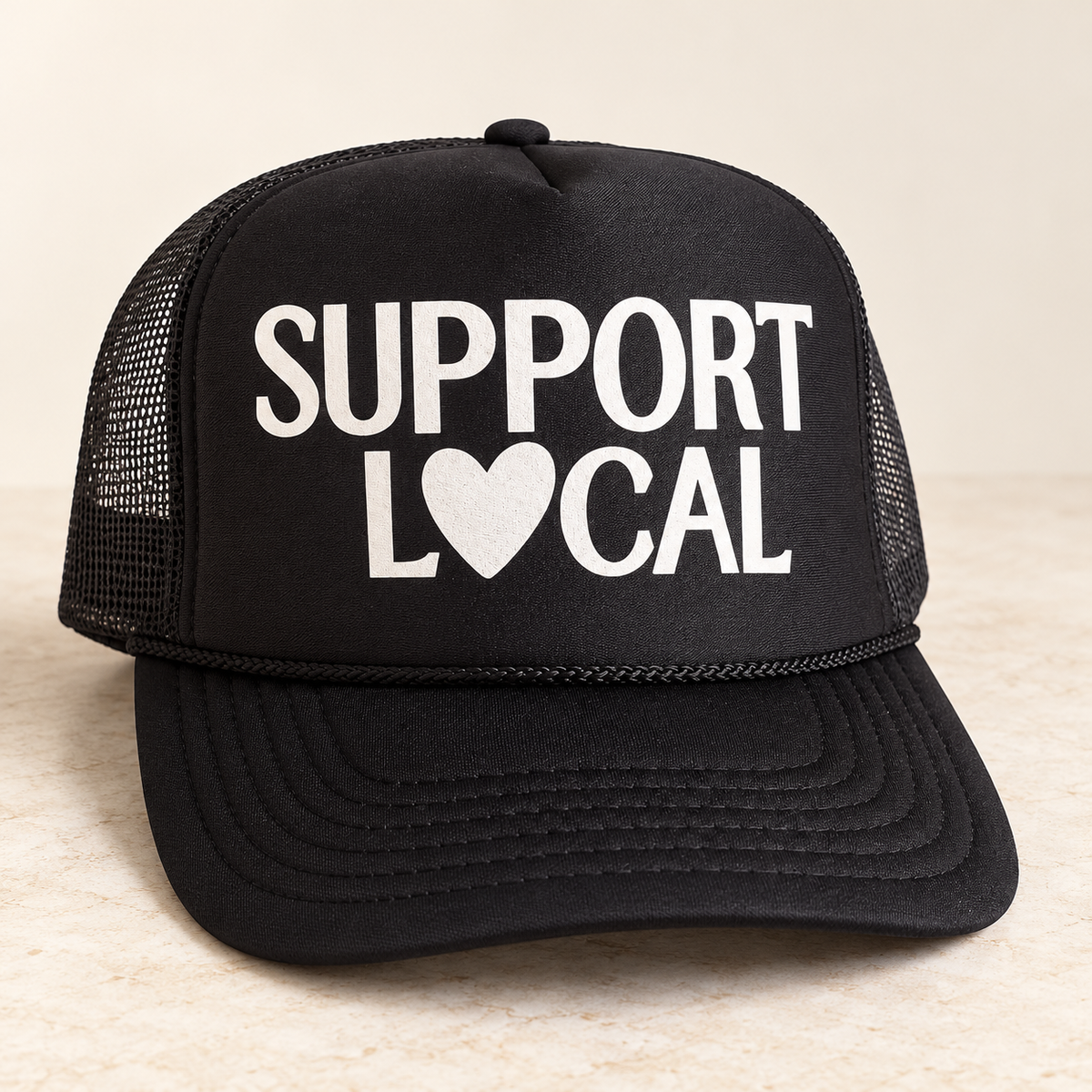 Support Local - Black Trucker — studio product photo