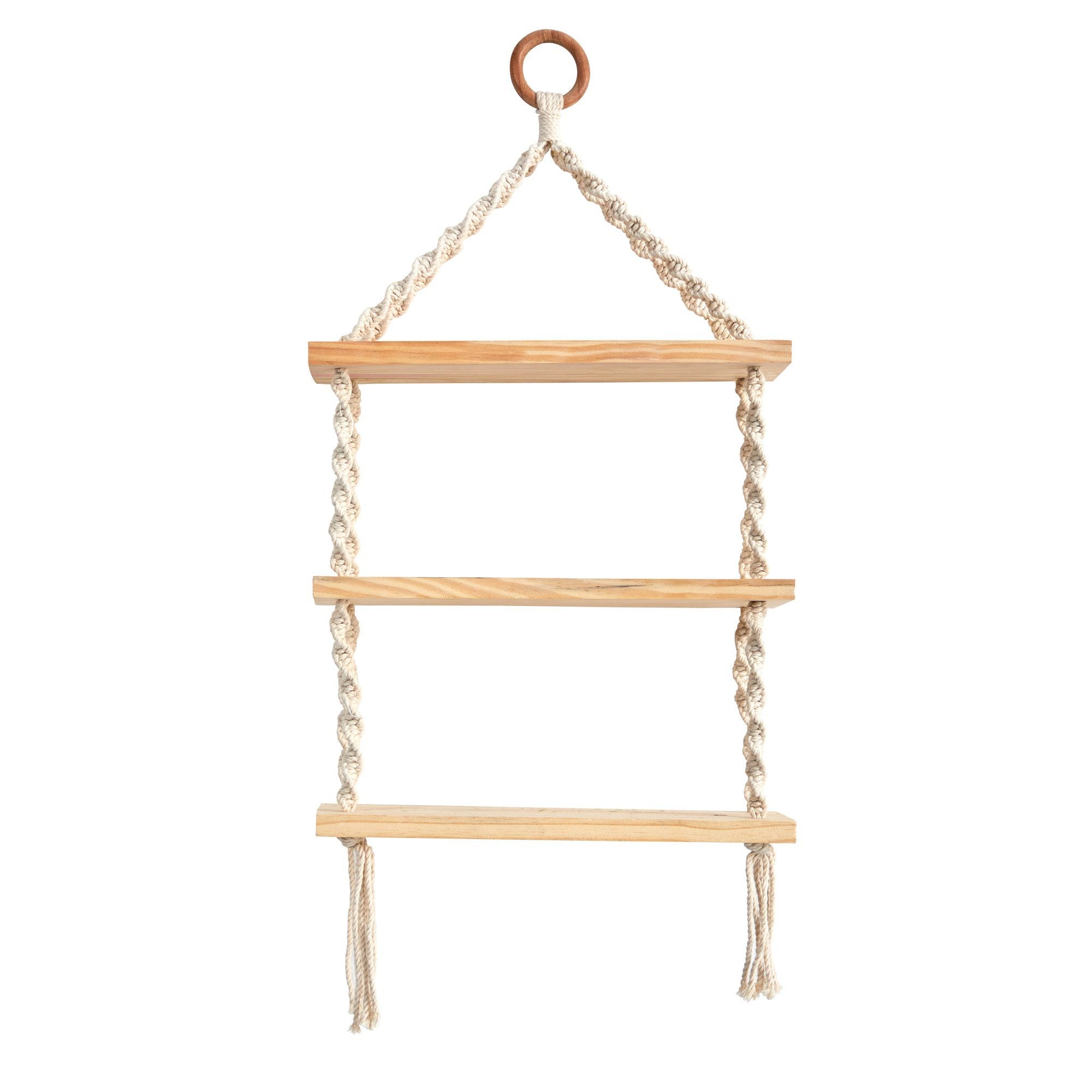 2.5’ x 1’ Three Tier Handmade Boho Macrame Wall Hanging with Wooden Shelf