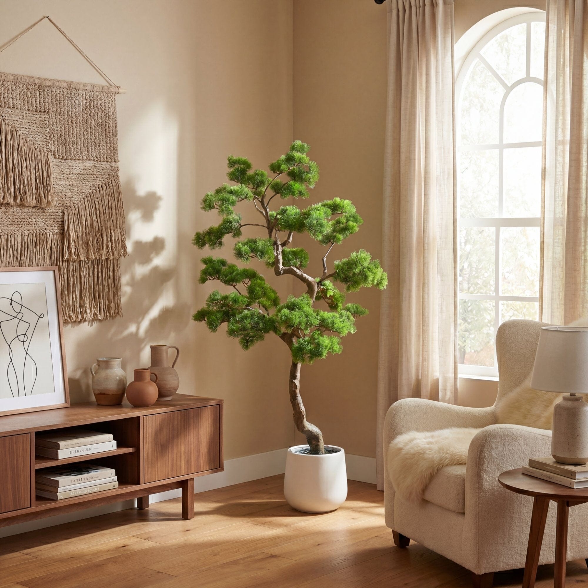 5’ Artificial Bonsai Style Cedar Tree in Decorative White Planter