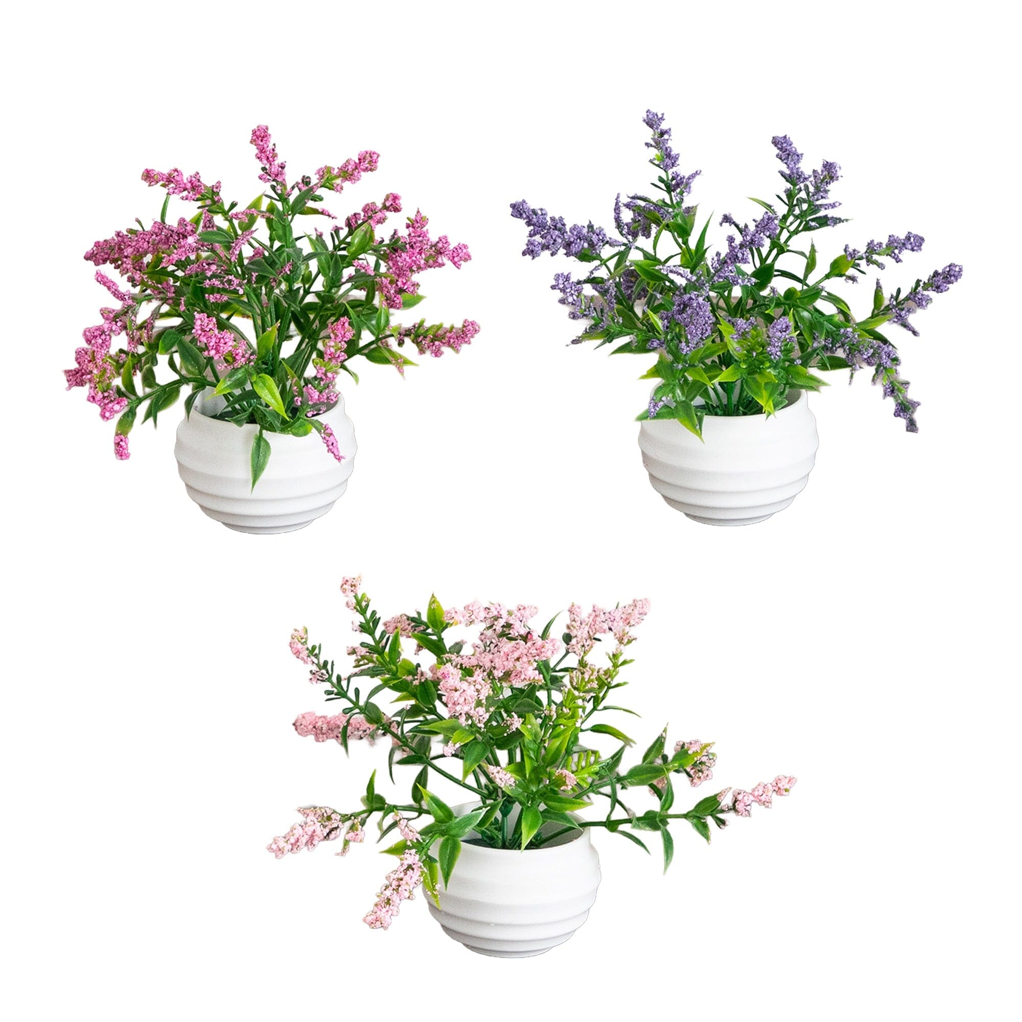 5” Artificial Mini Lavender Plant in White Decorative Oval Planter - Set of 3