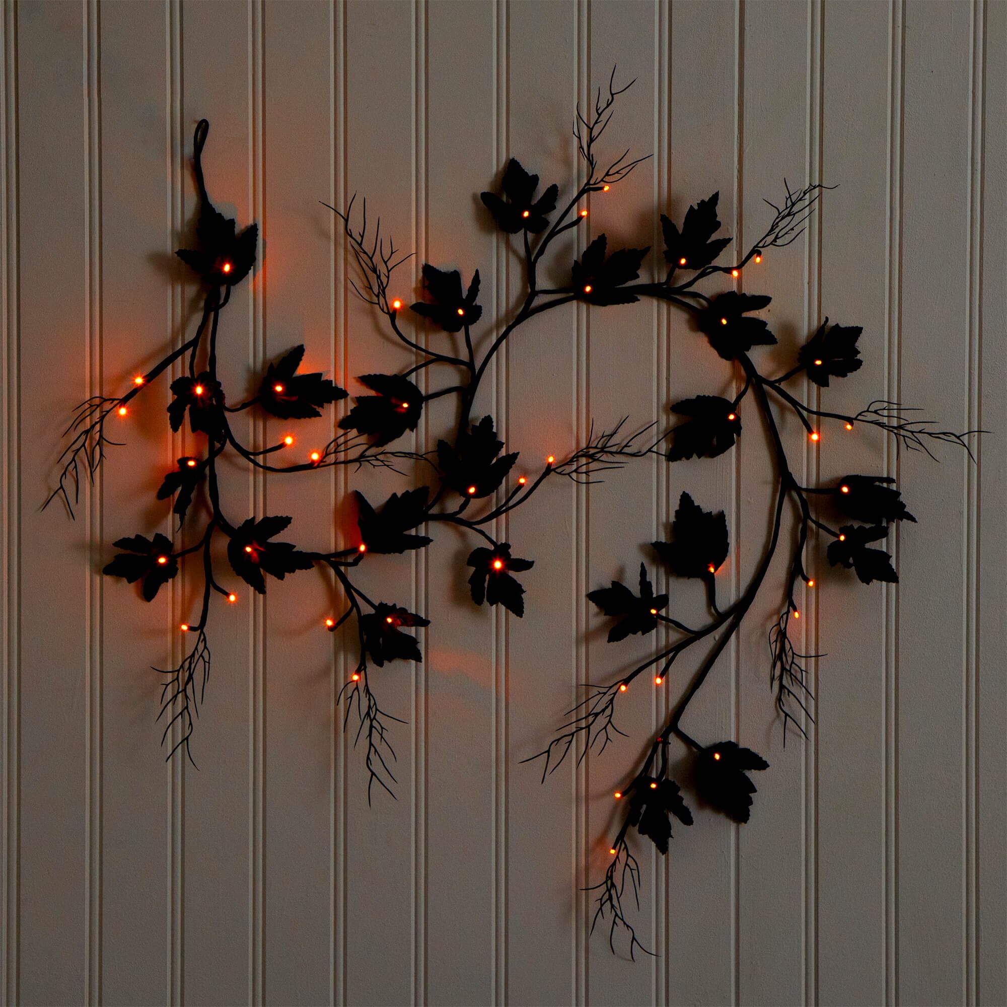 6.5' Pre-Lit Artificial Halloween Black Maple Garland with 48 Orange & Purple LED Lights