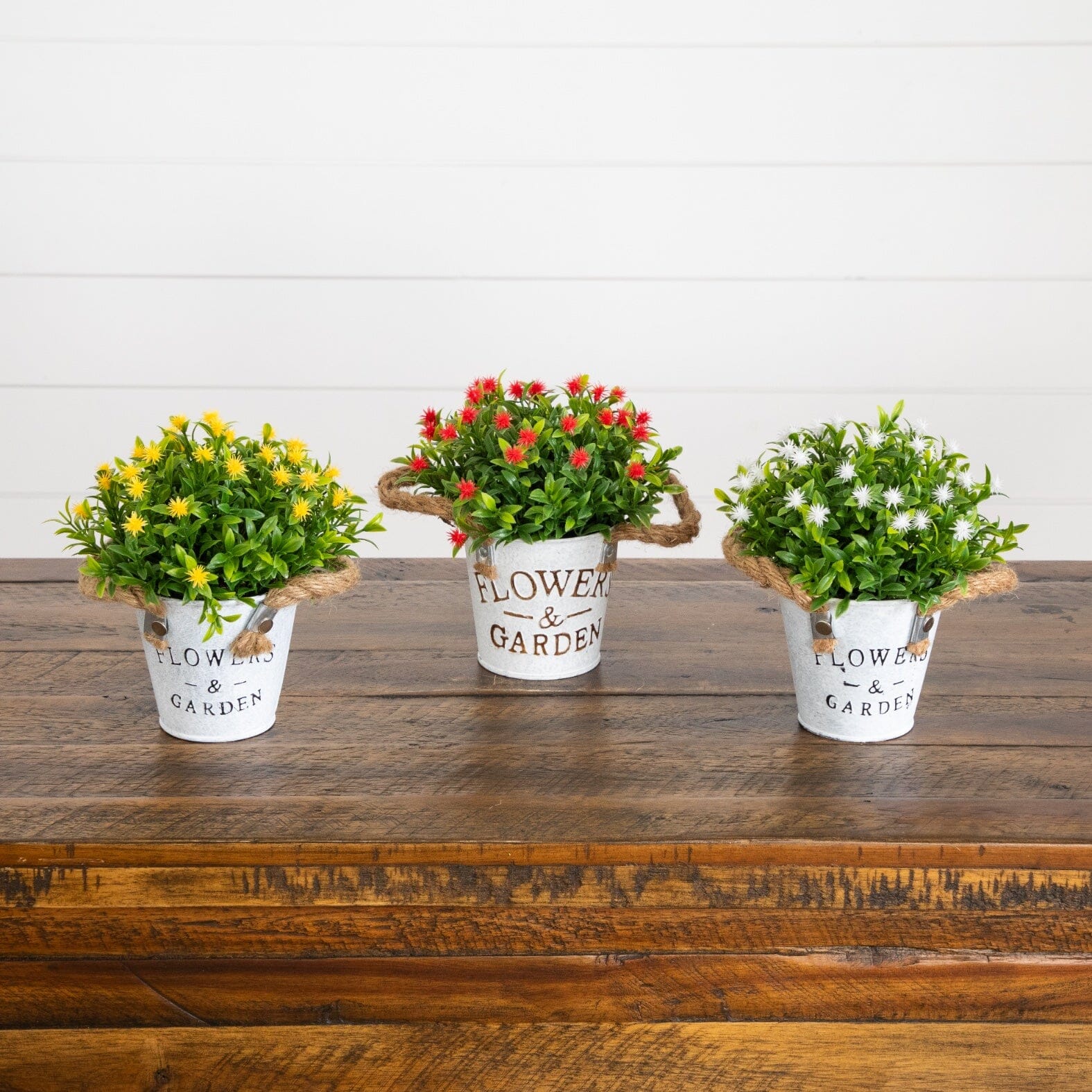 8” Artificial Flowering Plant in Rustic Flowers & Garden Planter -Set of 3