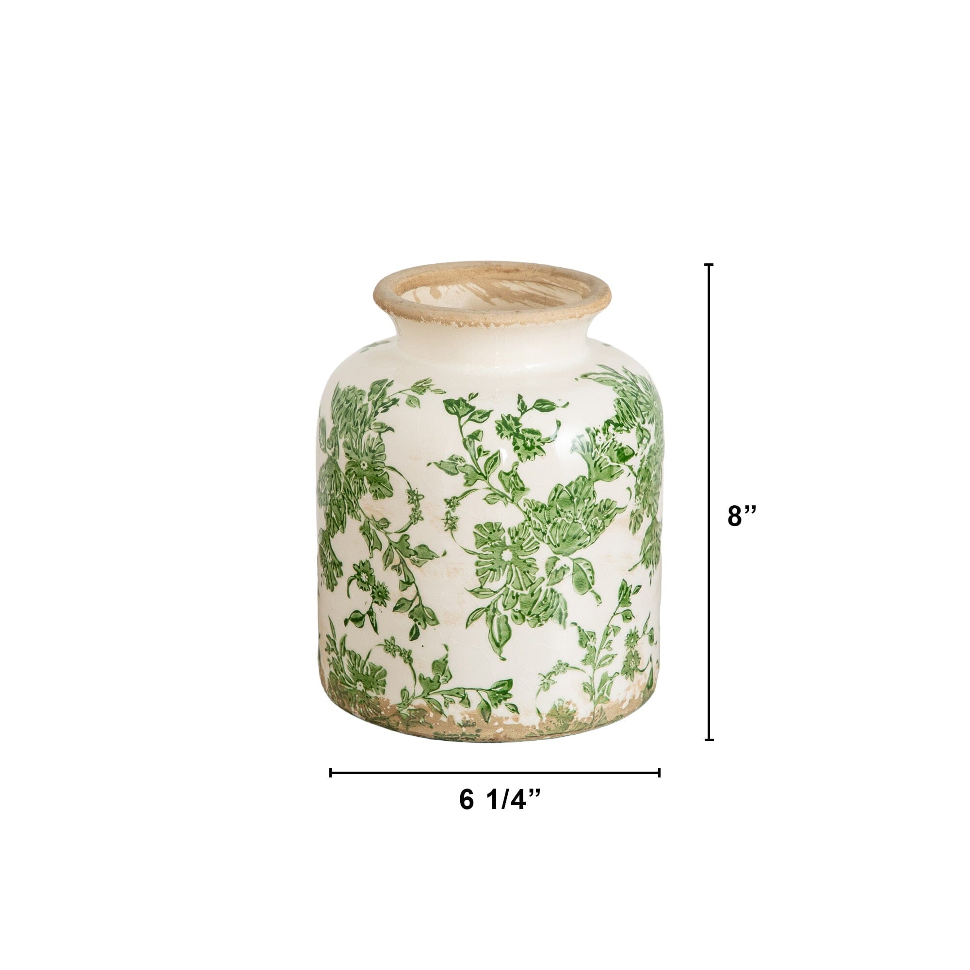 8” Floral Tuscan Ceramic Green Scroll Vase