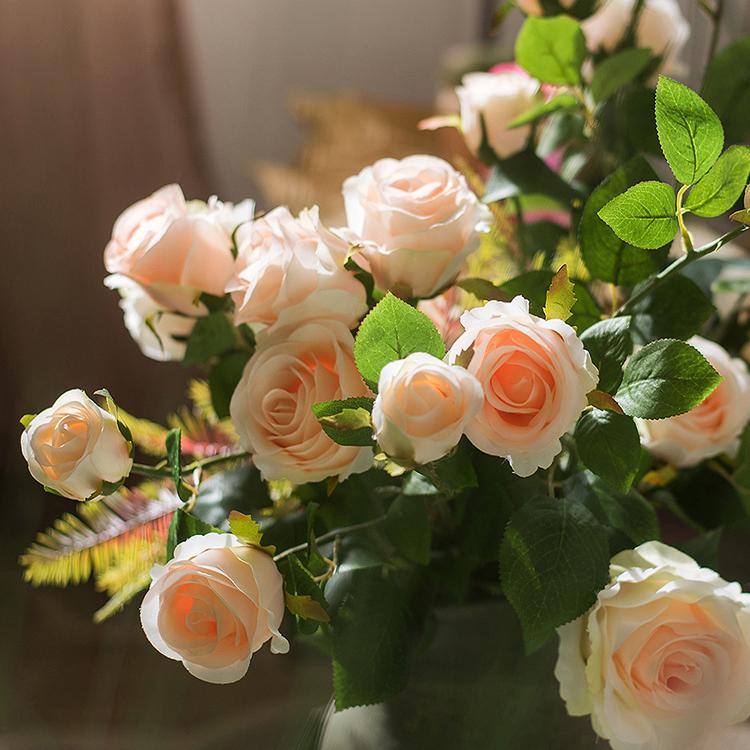 Faux Artificial Flower Silk 4 Rose Bloom Stem in Champagne Color 31" Tall