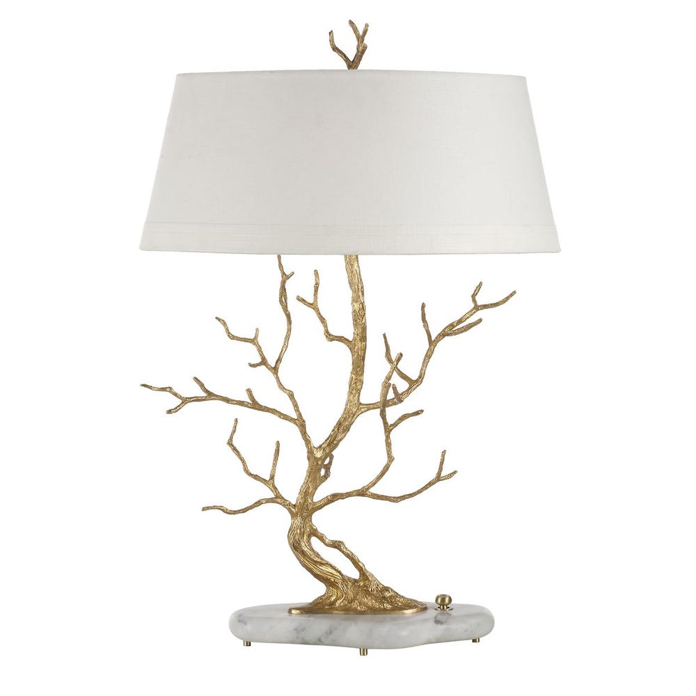 Brass branch table lamp with white shade and marble base