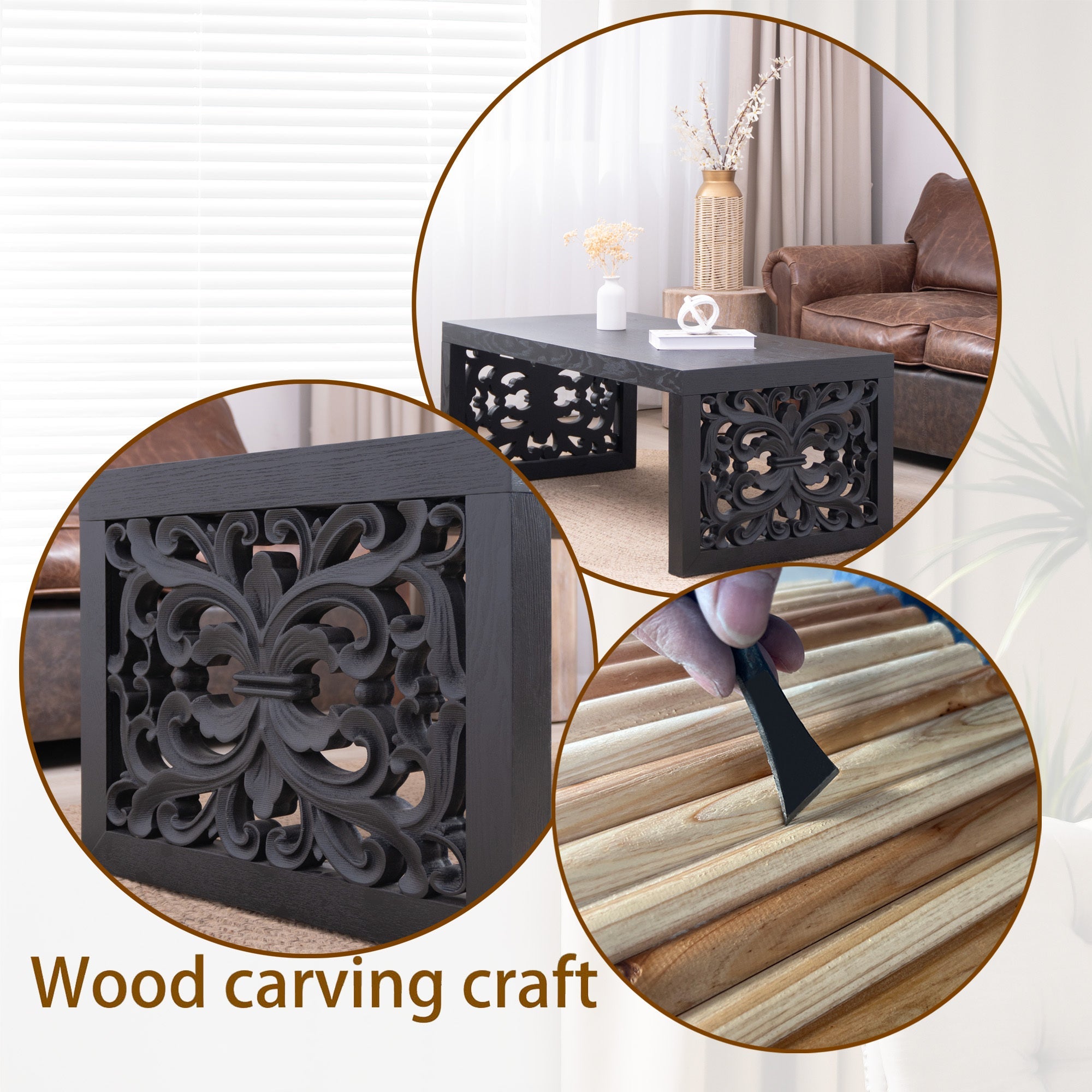 47.2" Solid Black Carved Wood Coffee Table – Handcrafted Look with Ornate Side Panels