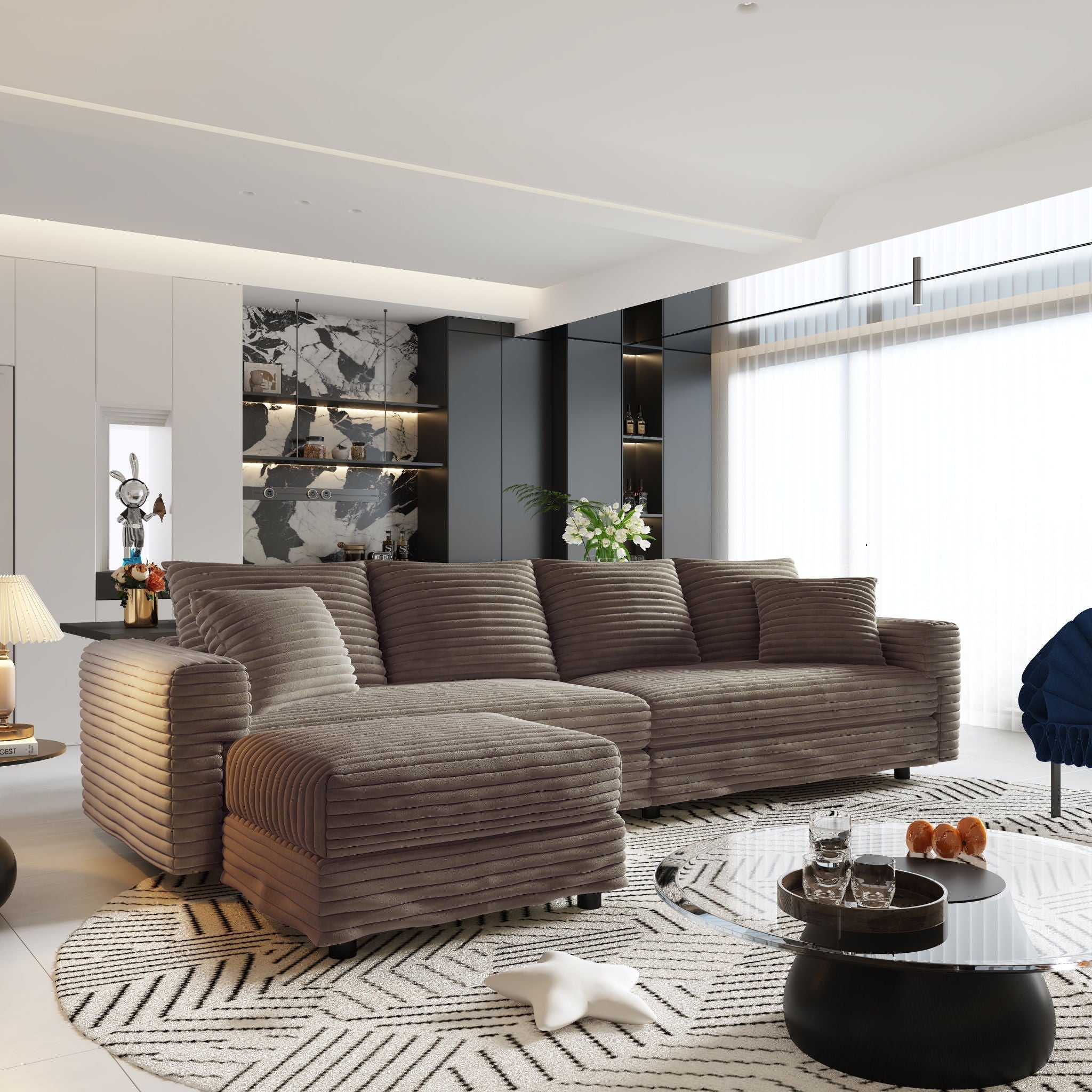 Deep Seat Convertible Sofa With Soft Pillows And Ottomans