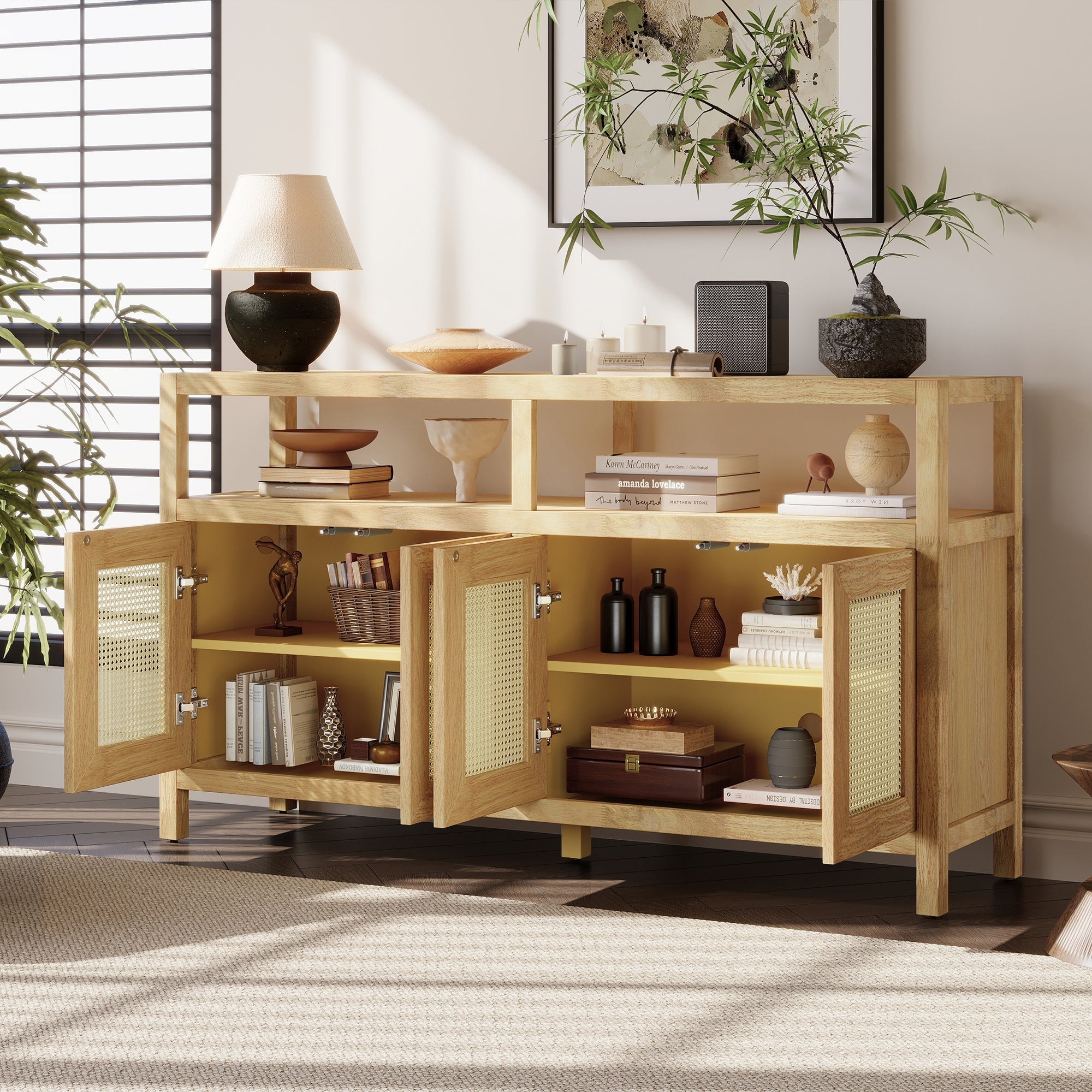 Bohemian Style Rattan Buffet Storage Cabinet with Solid Wood Frame