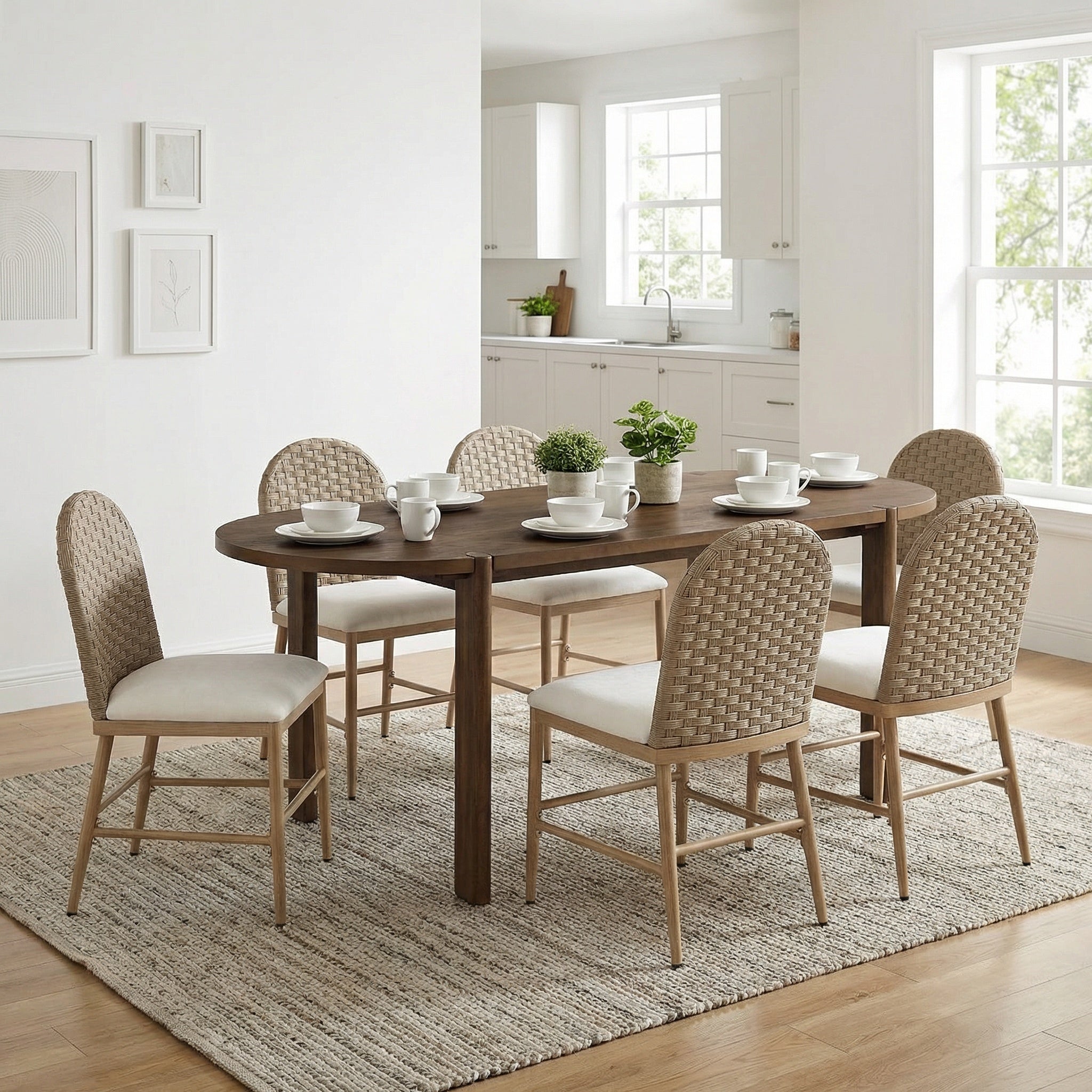 7 Pieces Modern Oval Dining Set, Rustic Farmhouse Solid Wood Kitchen Table Set for 6