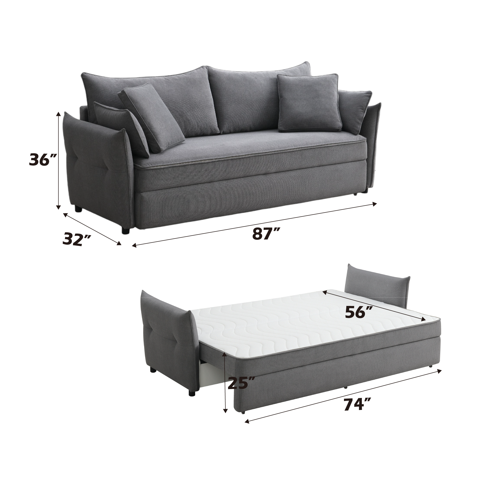 Irina Gray Fabric Sofa Sleeper (Toss Pillows Included)